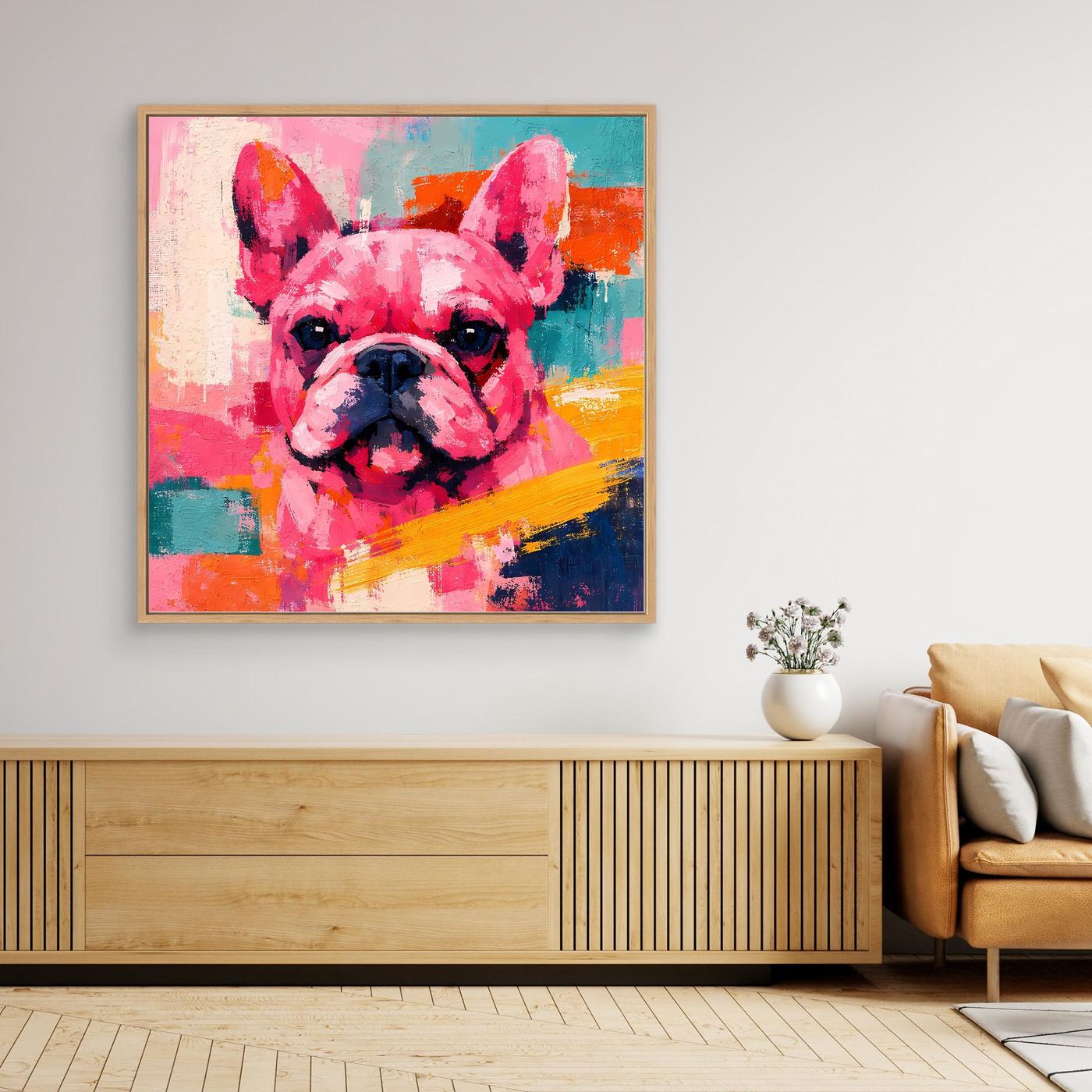 Goldfarben gerahmtes Leinwandbild mit farbenfroher Französischer Bulldogge im Pop-Art-Stil