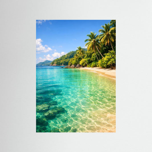 Strandposter im Hochformat mit türkisfarbenem Meer, Sandstrand und Palmen
