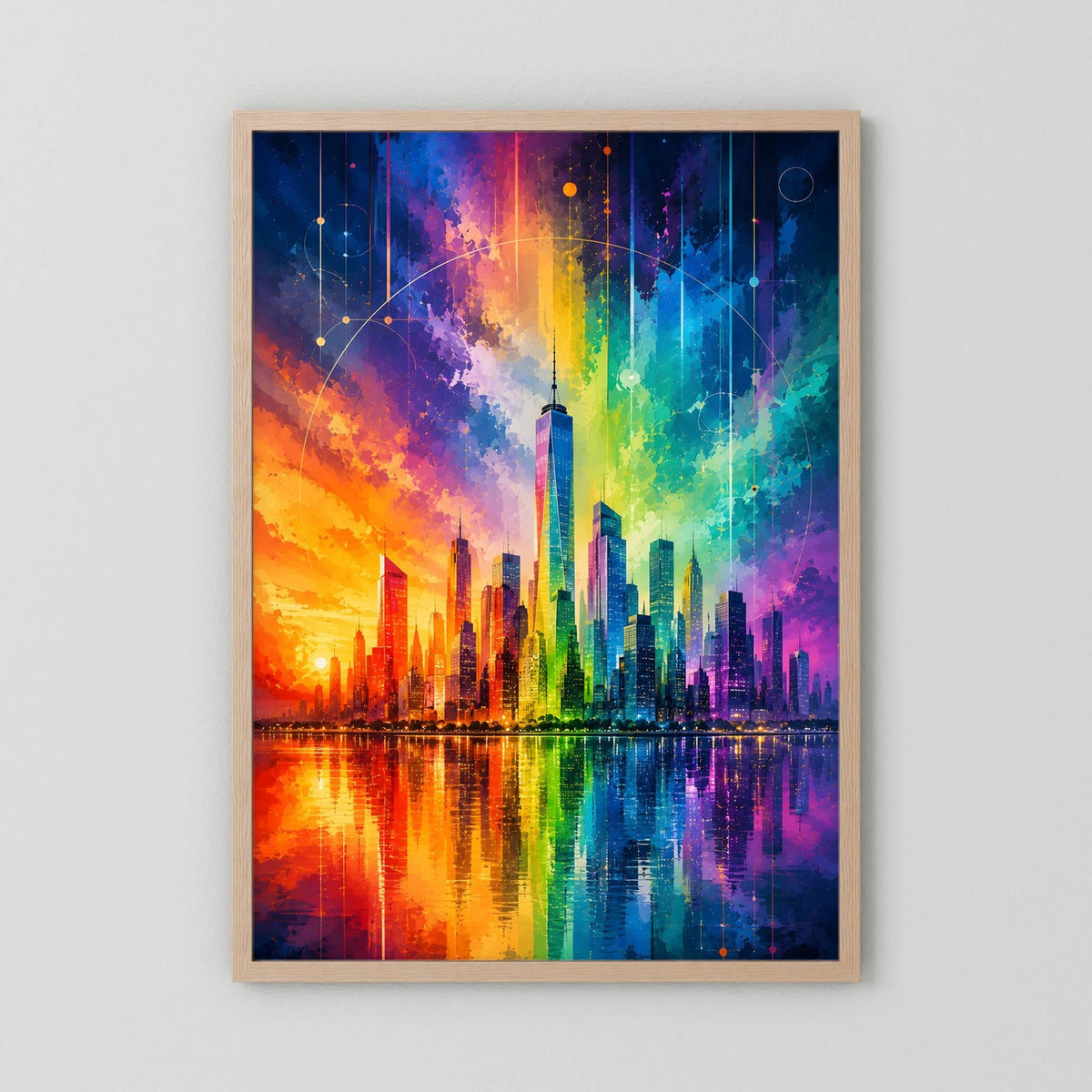 Poster mit abstrakter Regenbogen-Skyline und Reflexion im Wasser, Holzrahmen (hellbraun)