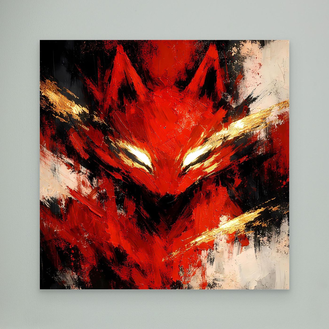 Leinwand Mystischer Kitsune Fuchs in Rot | Abstraktes Japanisches Mythologie Wandbild