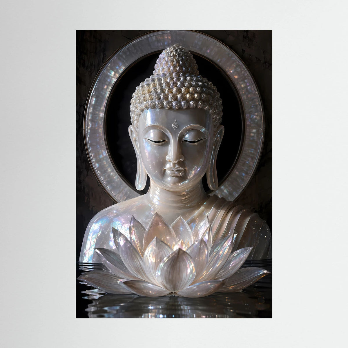 Poster im Hochformat: silberner Perlmutt-Buddha mit Lotus und hellem Schmuckring