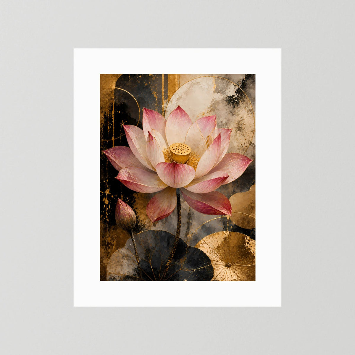 Rosa Lotusblüte in Gold & Schwarz | Elegante florale Kunst | Poster Hochformat