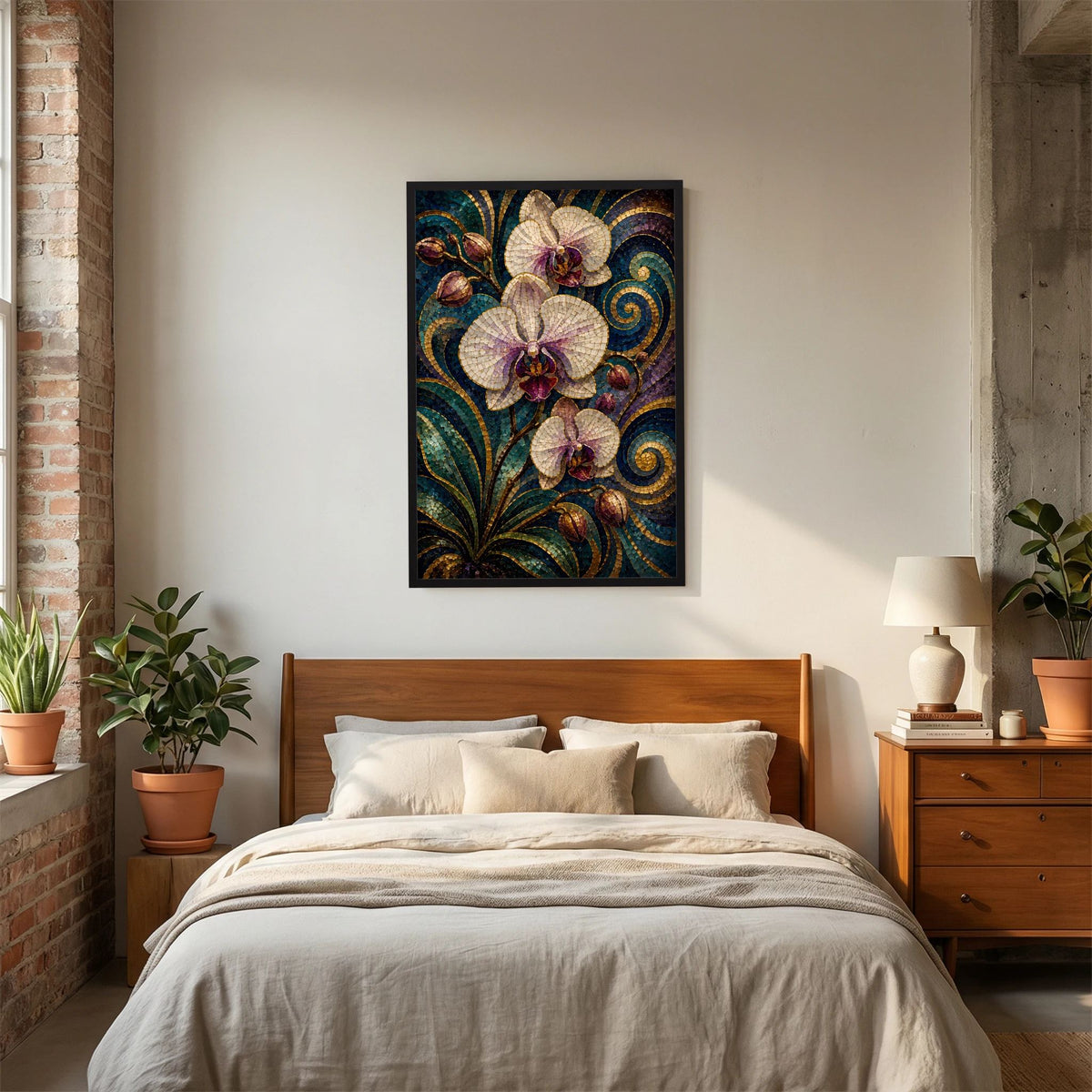 Gerahmtes Orchideen-Poster im Hochformat, Mosaikoptik mit weißen Blüten, türkis-goldene Details