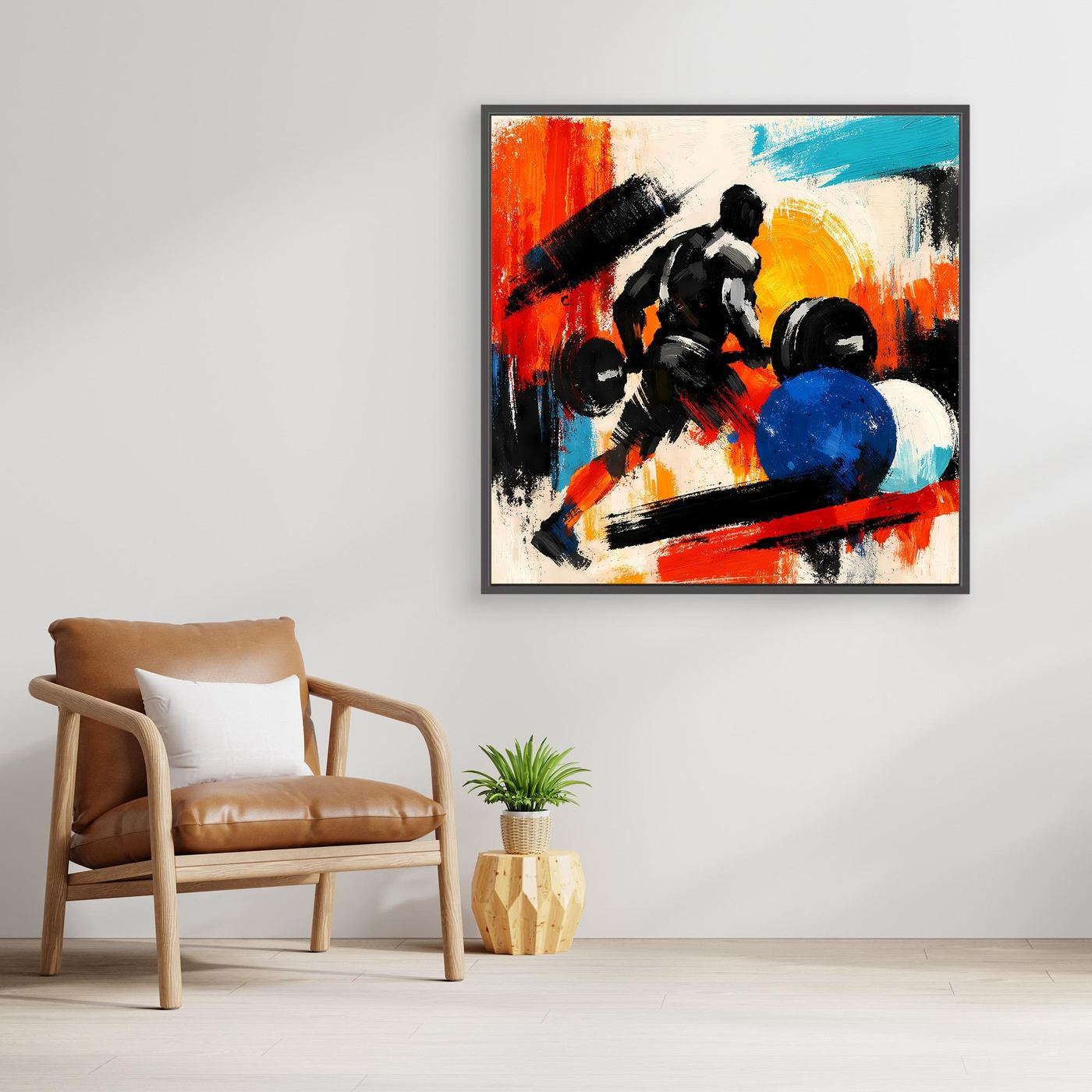 Abstract fitness wall canvas with colorful bodybuilder and dumbbells, black frame