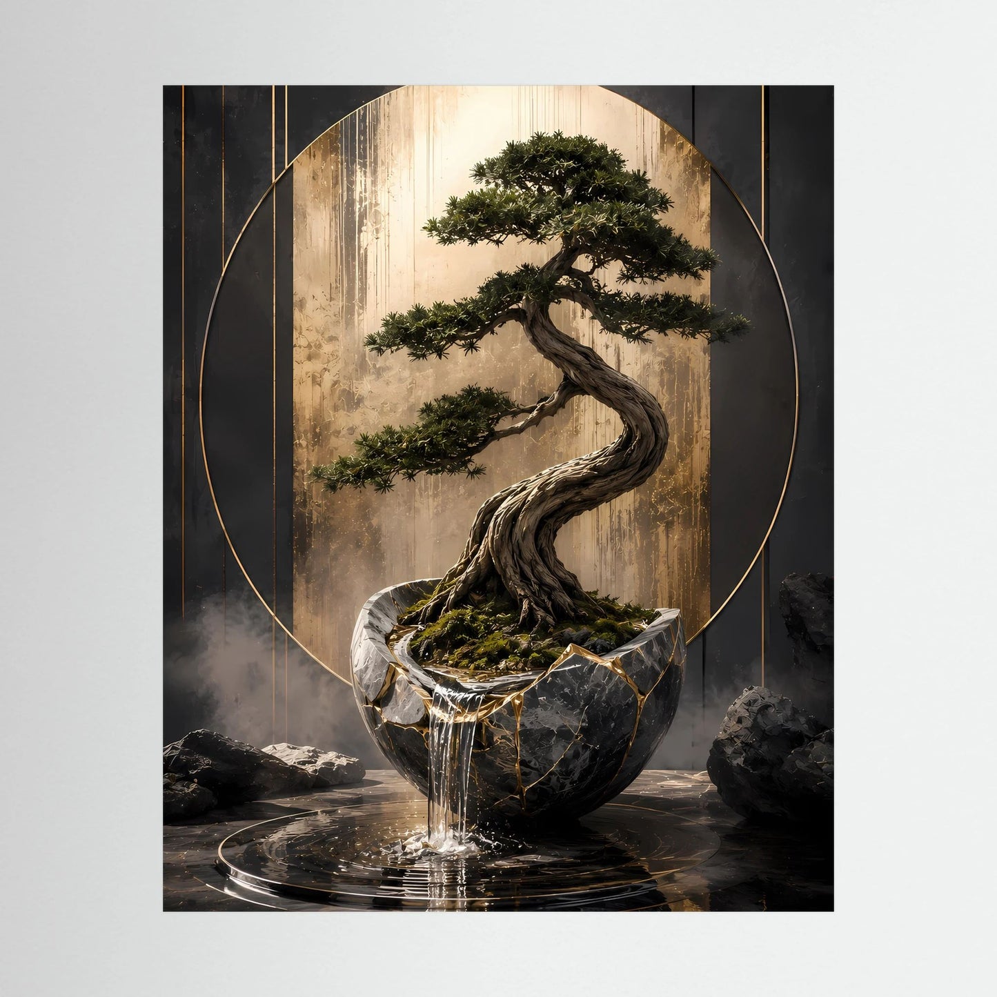 Hochformat-Poster mit Bonsai-Baum im schwarzen Topf, goldene Kreise, Wasserreflexe