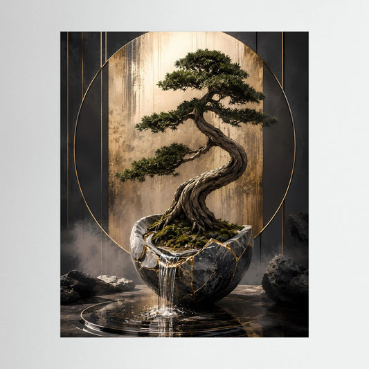 Hochformat-Poster mit Bonsai-Baum im schwarzen Topf, goldene Kreise, Wasserreflexe