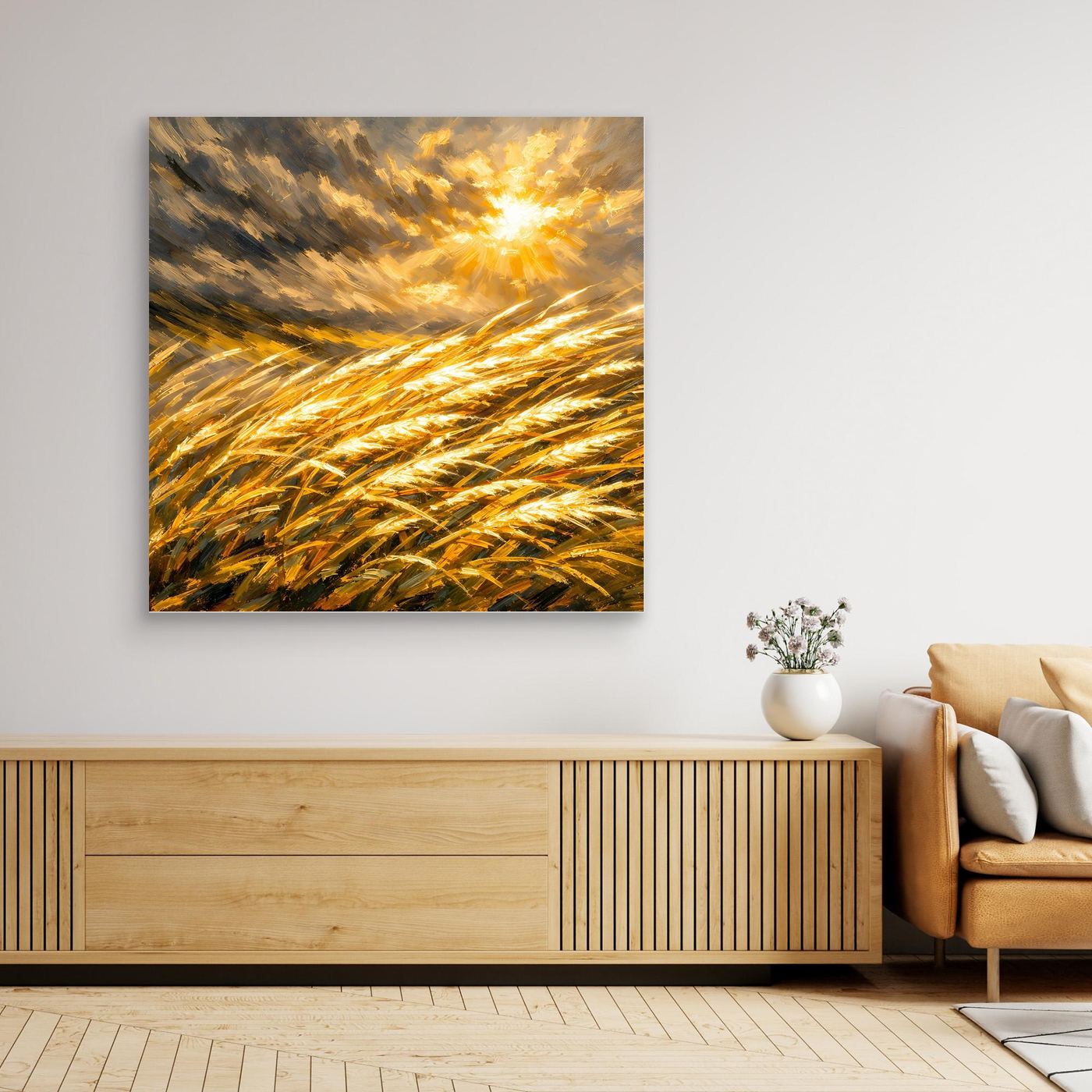 Leinwandbild mit goldenem Weizenfeld und Sonnenuntergang, im hellen Holzrahmen