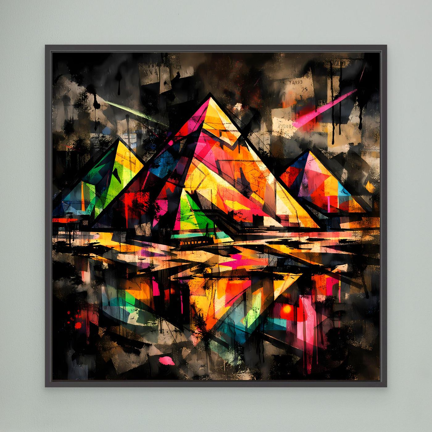 Leinwandbild mit farbigen Graffiti-Pyramiden im Street-Art-Stil, schwarzer Rahmen
