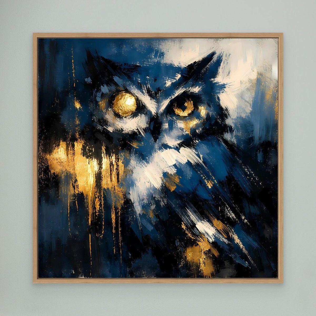 Leinwand-Wandbild mit abstrakter Eule in Blau und Gold, mit Holzrahmen (Eiche)