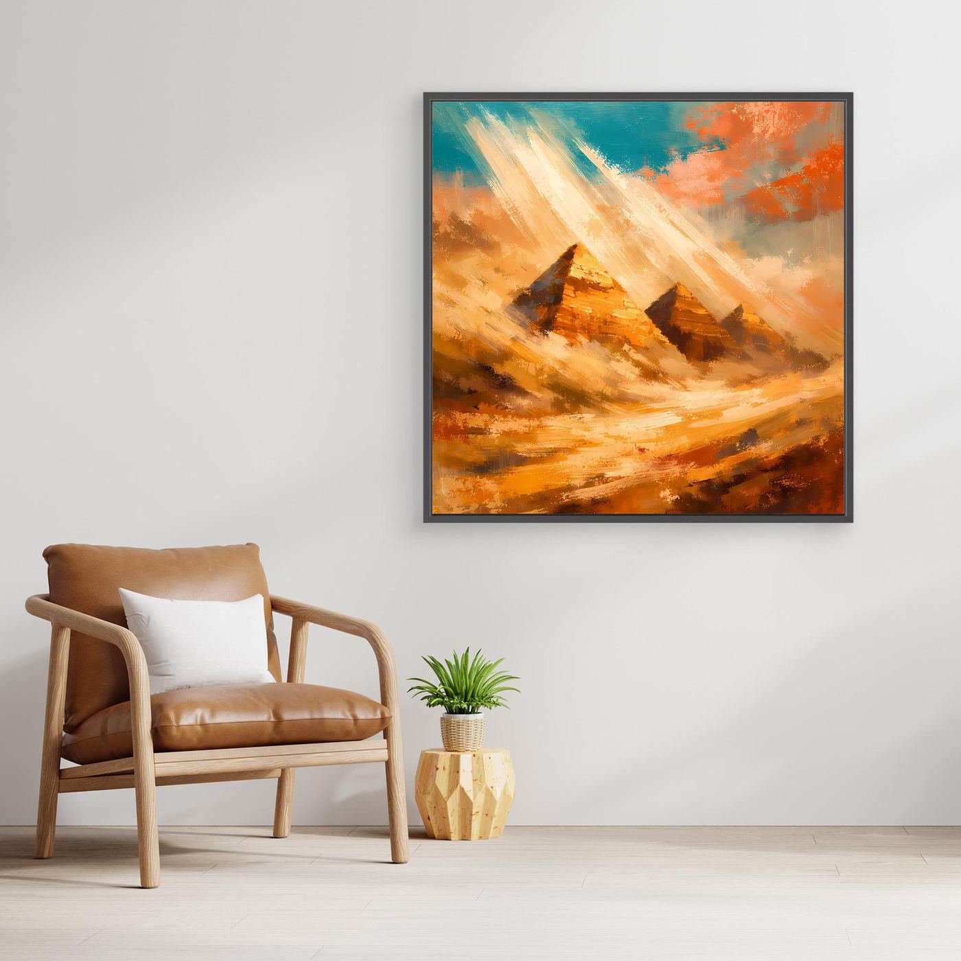 Leinwand-Wandbild mit abstrakten Pyramiden, warmes Orange und Türkis, mit dunklem Rahmen