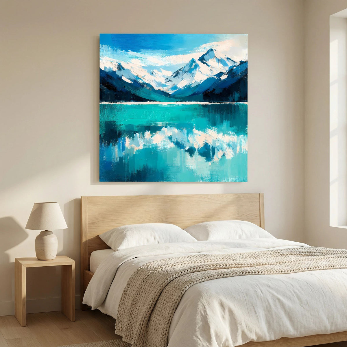 Leinwand Abstraktes Bergsee Gemälde | Modernes Alpines Wandbild Türkis Blau