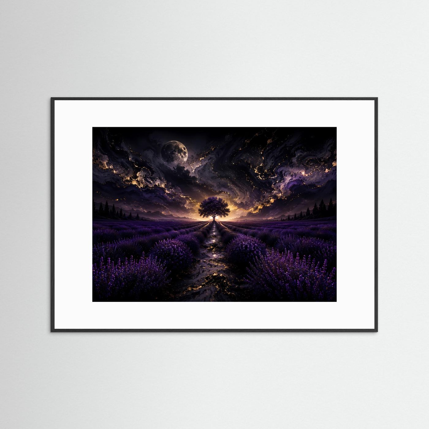Lavendelfeld Wandbild Nacht | Mystischer Baum unter Mond | Fantasy Landschaft Poster | Lila Leinwandbild | Abstrakte Fine Art Wandkunst