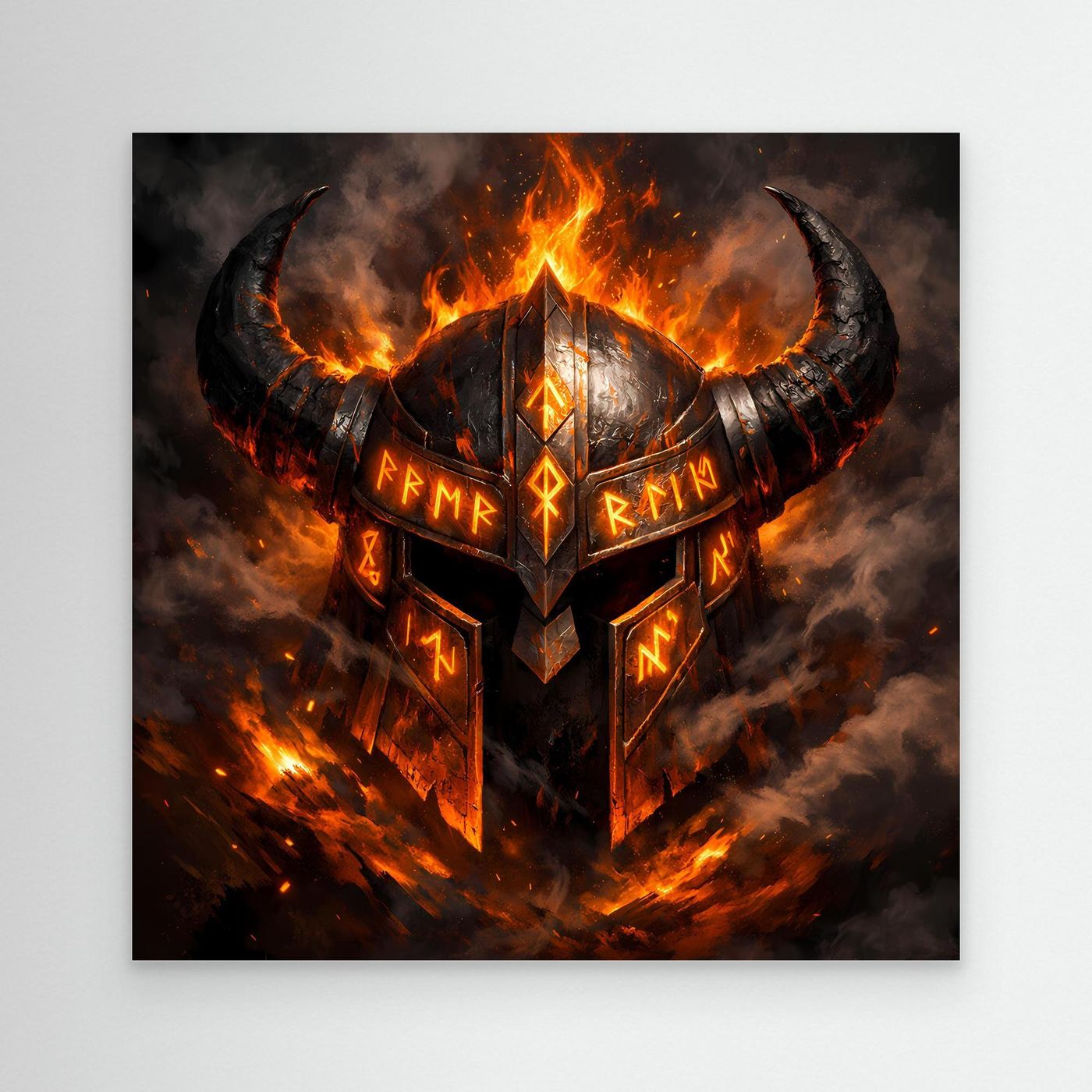 Leinwand-Wandbild mit flammendem Wikingerhelm und Runen, ohne Rahmen