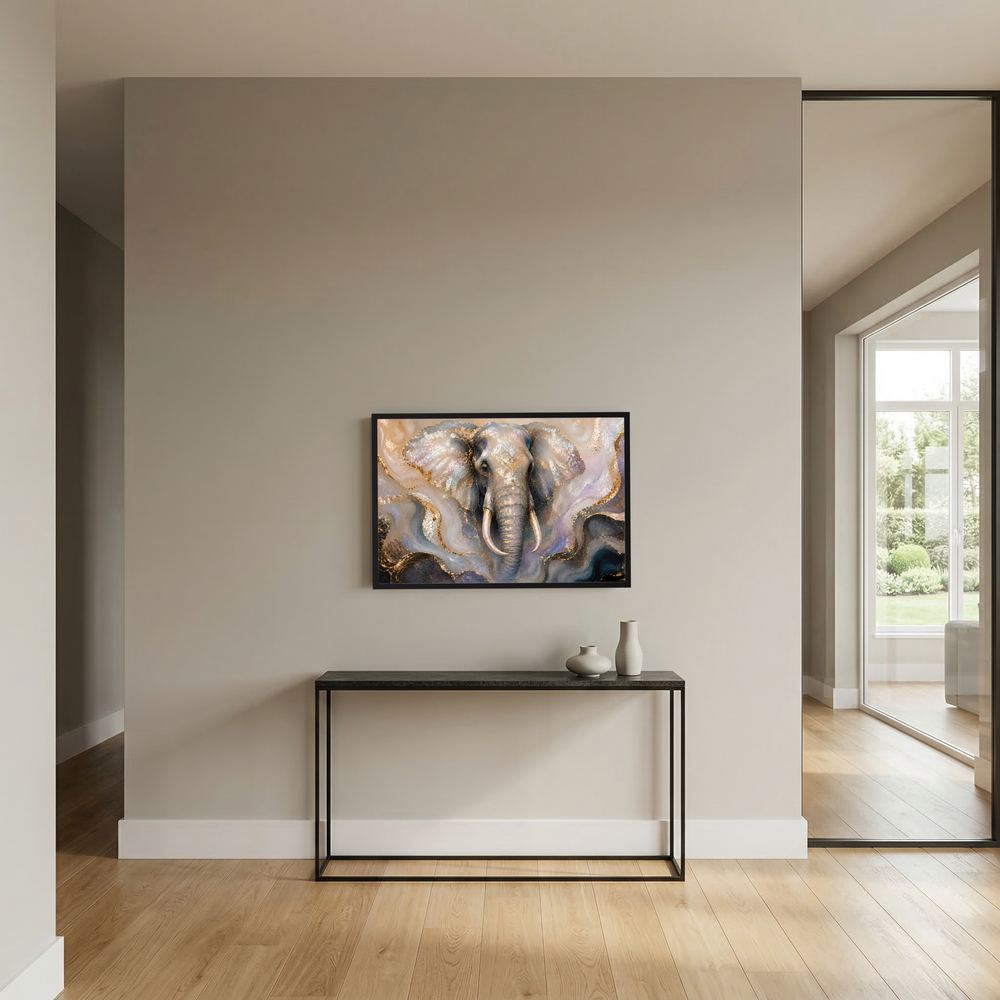 Wandposter im Querformat mit Elefant-Motiv im Perlmutt-Look, im schwarzen Rahmen