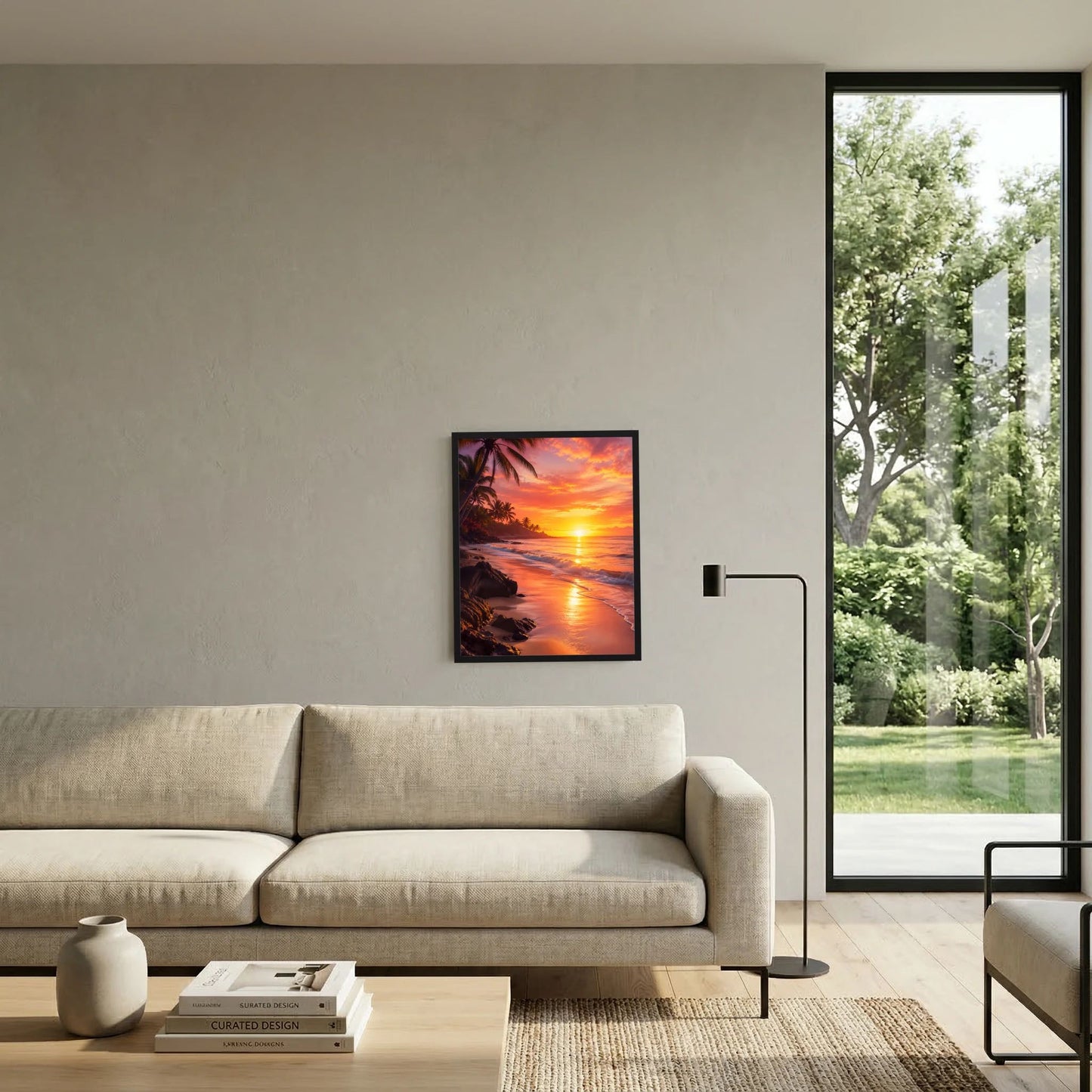 Hochformatiges Poster im schwarzen Rahmen mit tropischem Strand, Palmen und orangefarbenem Himmel