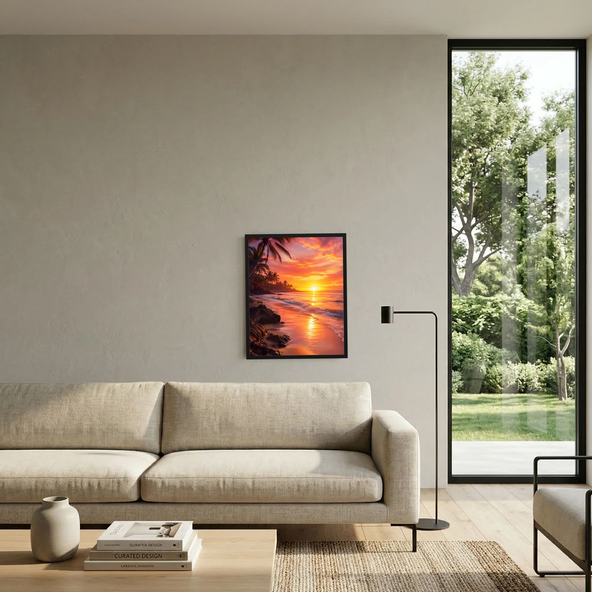 Hochformatiges Poster im schwarzen Rahmen mit tropischem Strand, Palmen und orangefarbenem Himmel