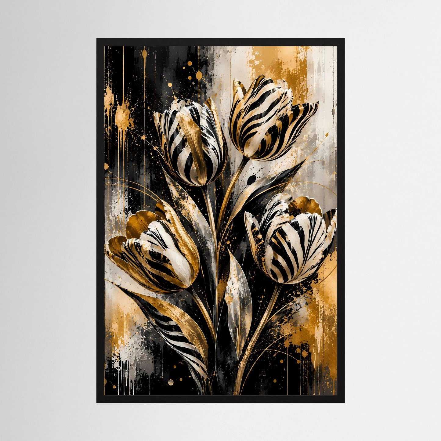 Gerahmtes Kunstposter mit abstrakten Tulpen in Schwarz, Weiß und Gold, rechteckig im Hochformat