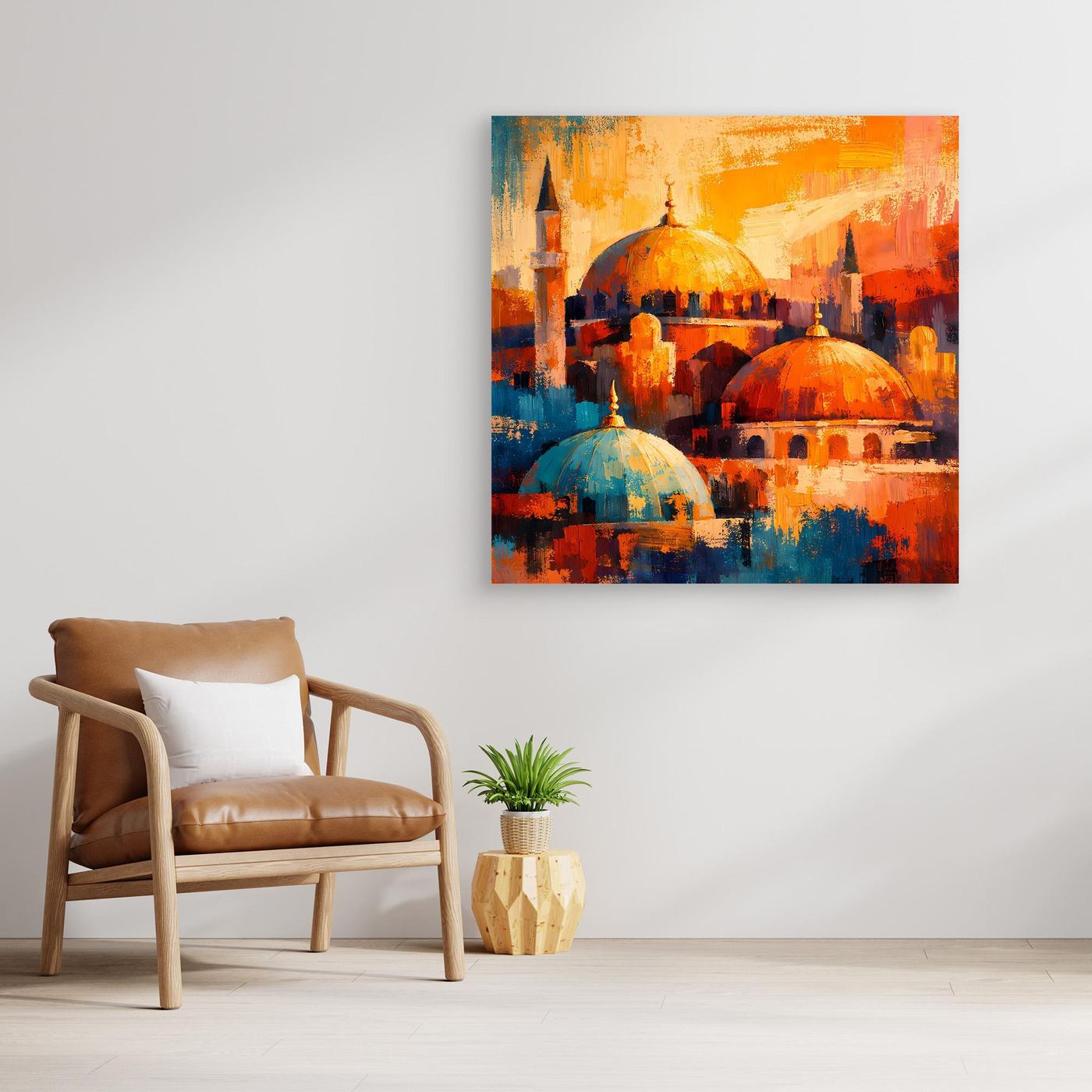 Gerahmtes Leinwandbild mit beiger Holzumrandung: orientalische Moschee, abstrakt, Orange/Blau