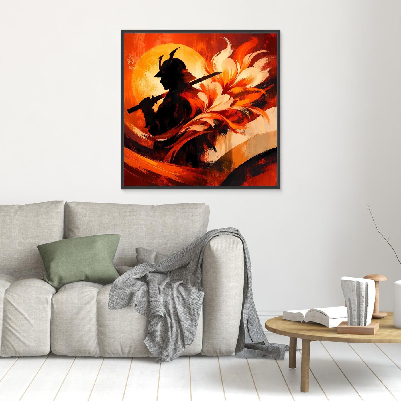 Kleines gerahmtes Wandbild mit schwarzer Samurai-Silhouette und Feuerwirbeln in Orange