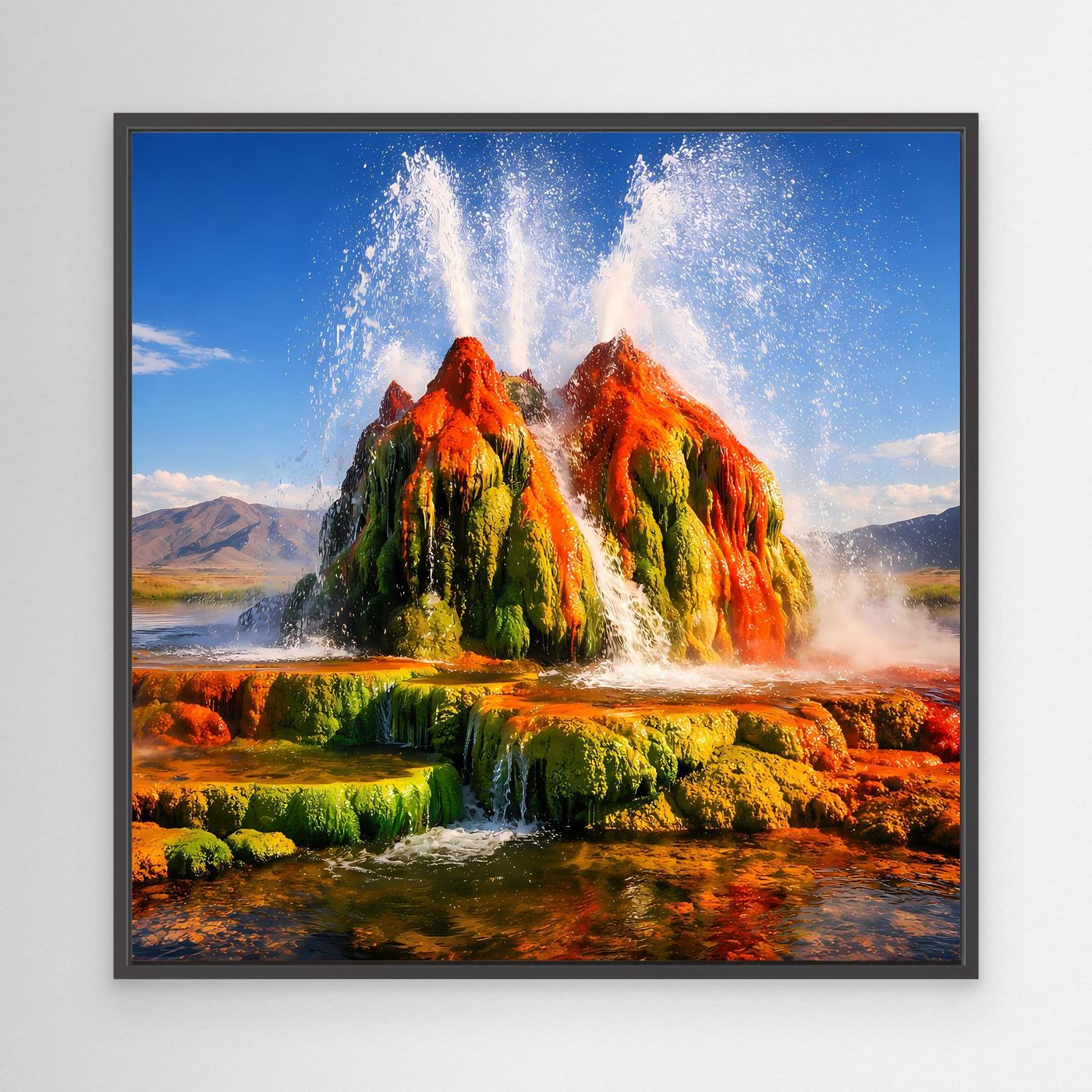 Leinwandbild mit Geysir-Motiv und schwarzem Rahmen, bunte Farben und Fontänen