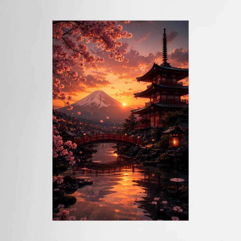 Poster im Hochformat mit japanischem Tempel, Kirschblüten und Vulkan bei Sonnenuntergang