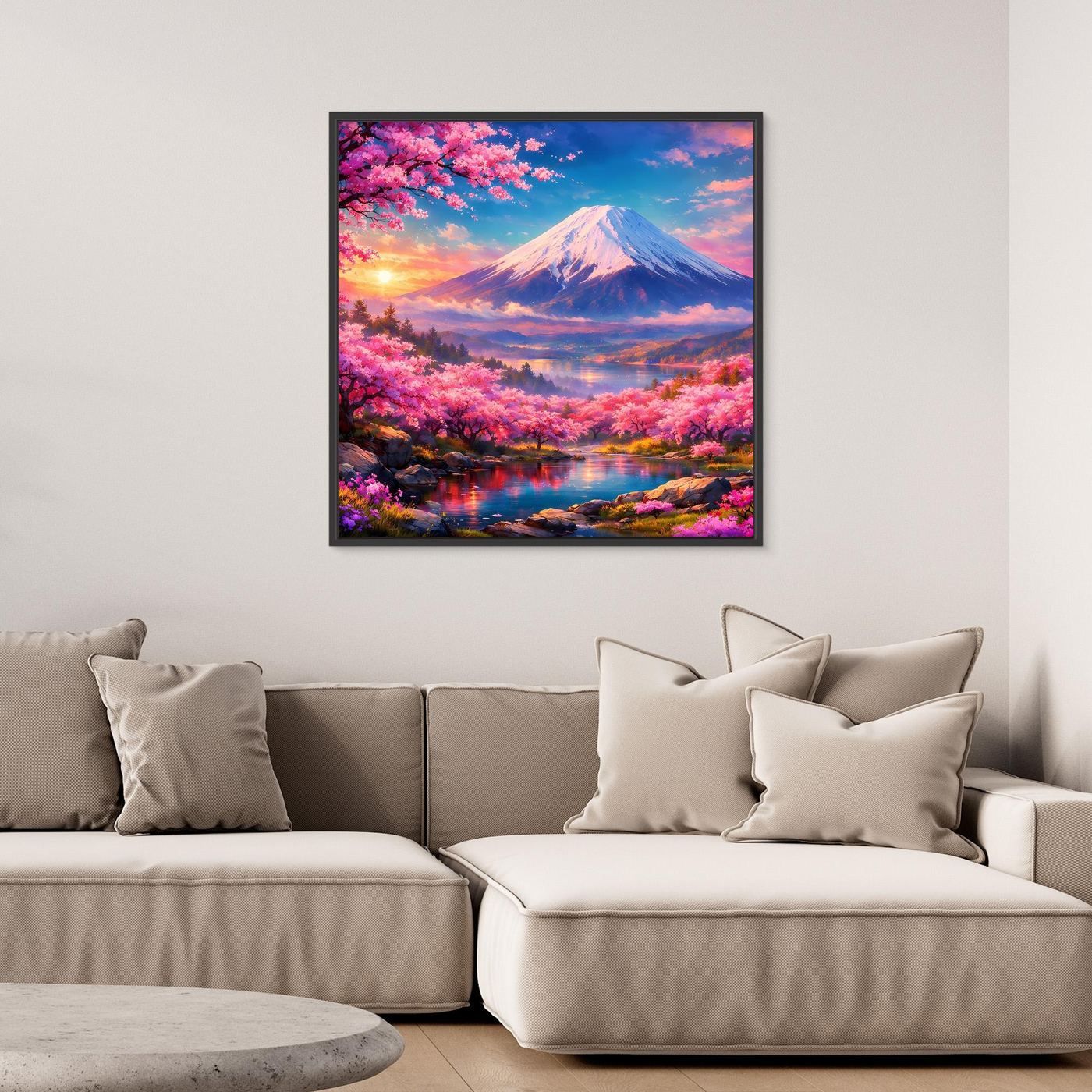 Leinwandbild Magischer Fuji & Kirschblüte | Japanisches Frühlingserwachen Wandbild auf echtem Holzkeilrahmen
