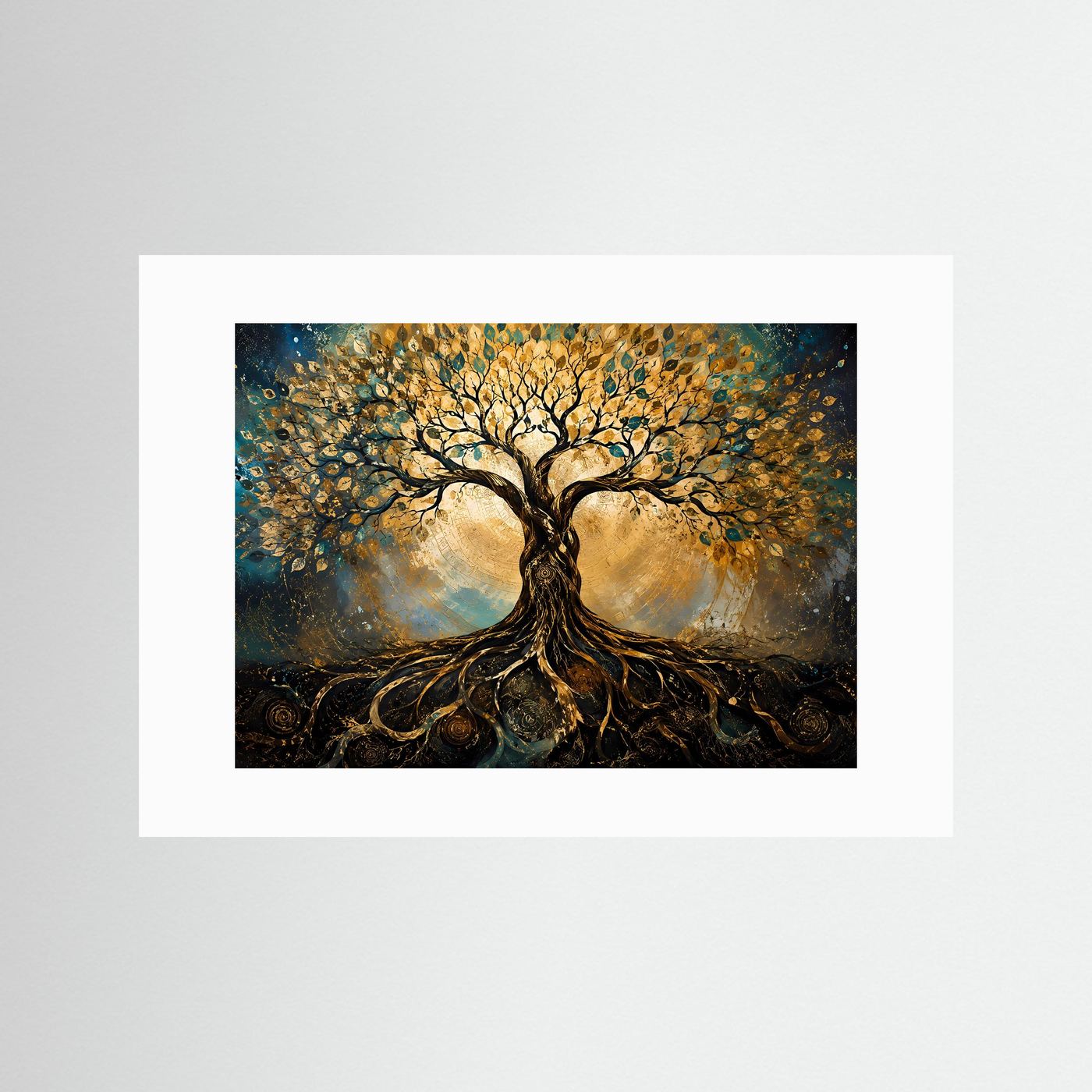 Baum des Lebens Poster | Goldener Lebensbaum Wandbild | Spirituelle Baumkunst | Moderne Abstrakte Wanddekoration