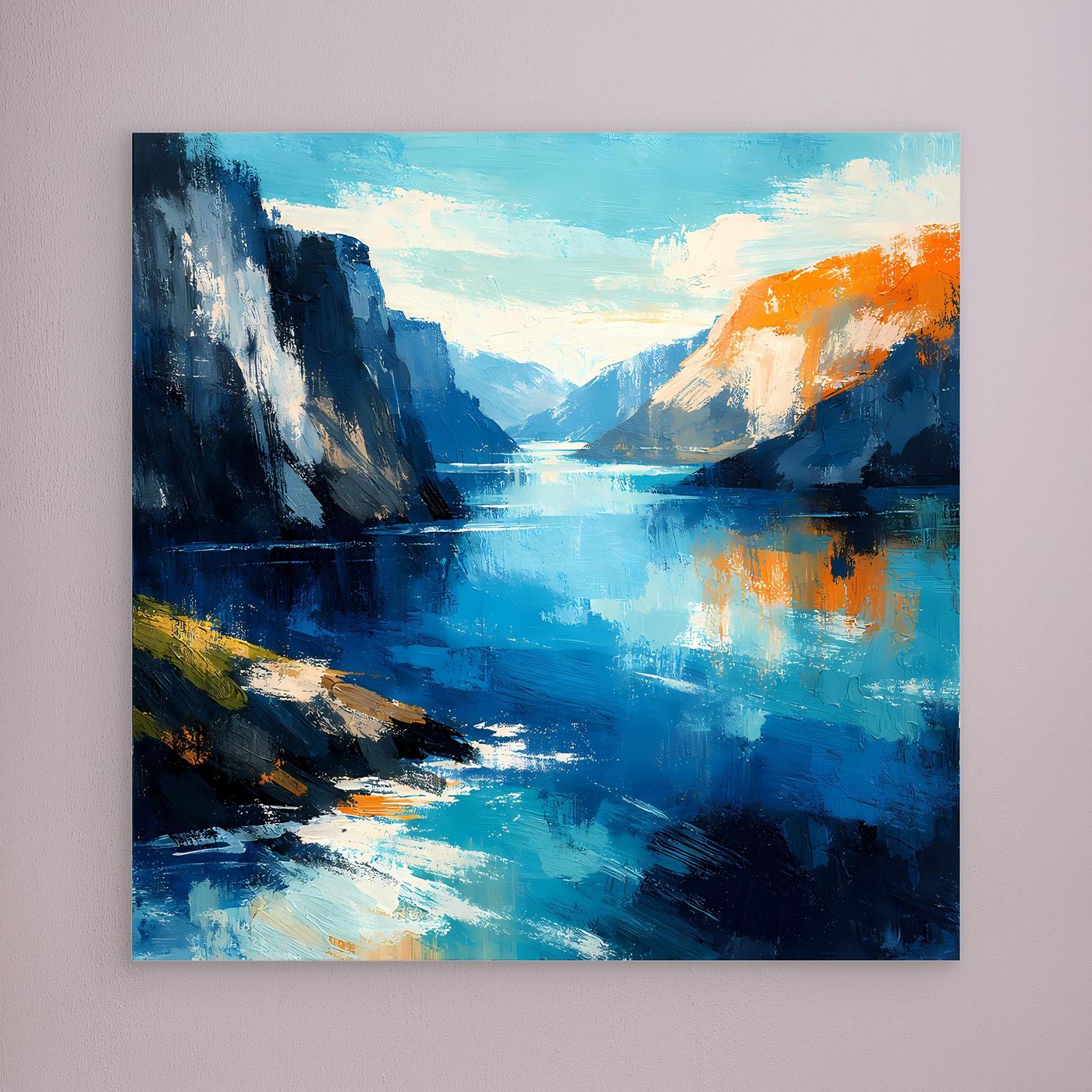 Leinwand Abstraktes Fjord Gemälde | Modernes Norwegisches Wandbild Blau Orange