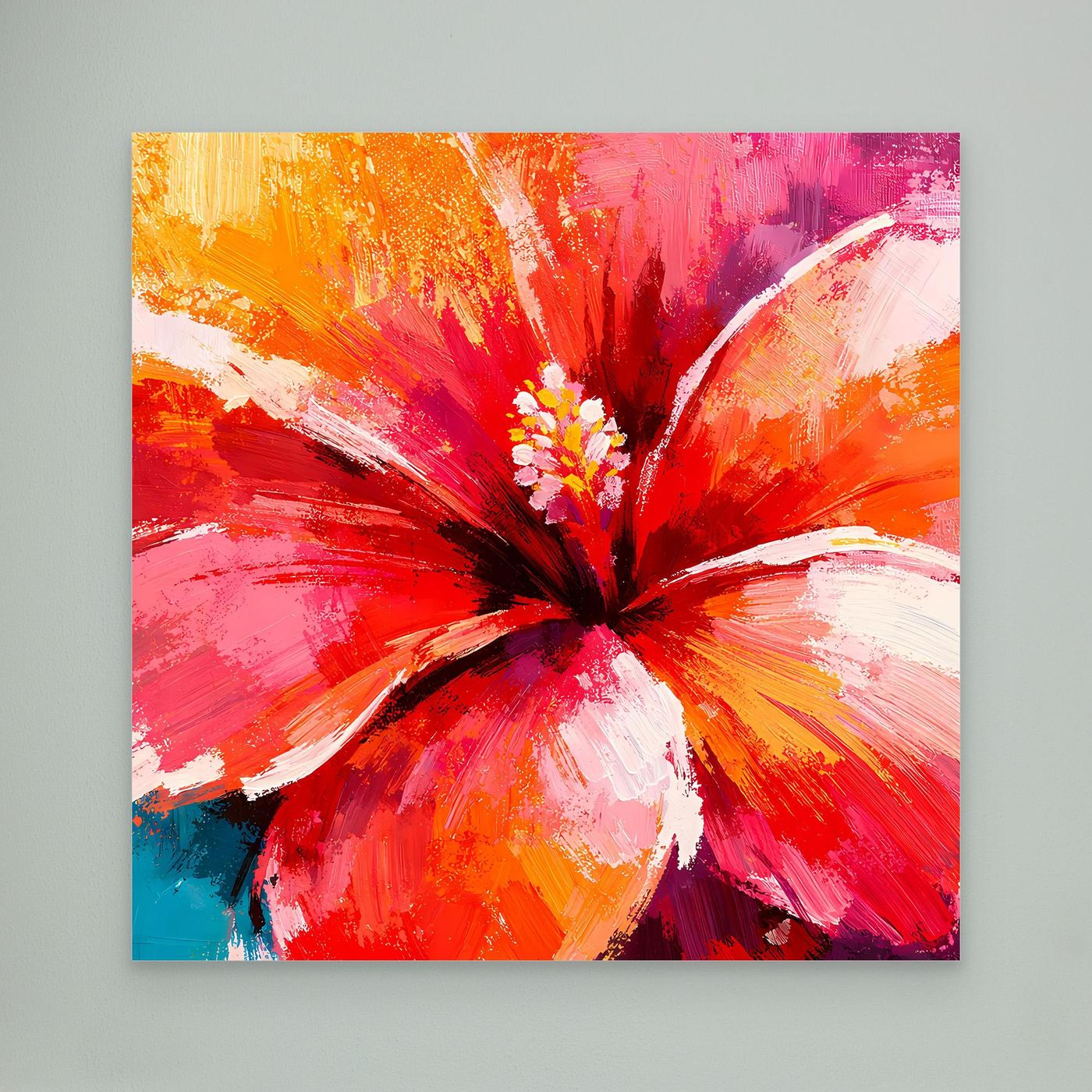 Leinwand Abstraktes Hibiskus Blütenbild | Modernes Tropen Wandbild Rot Pink