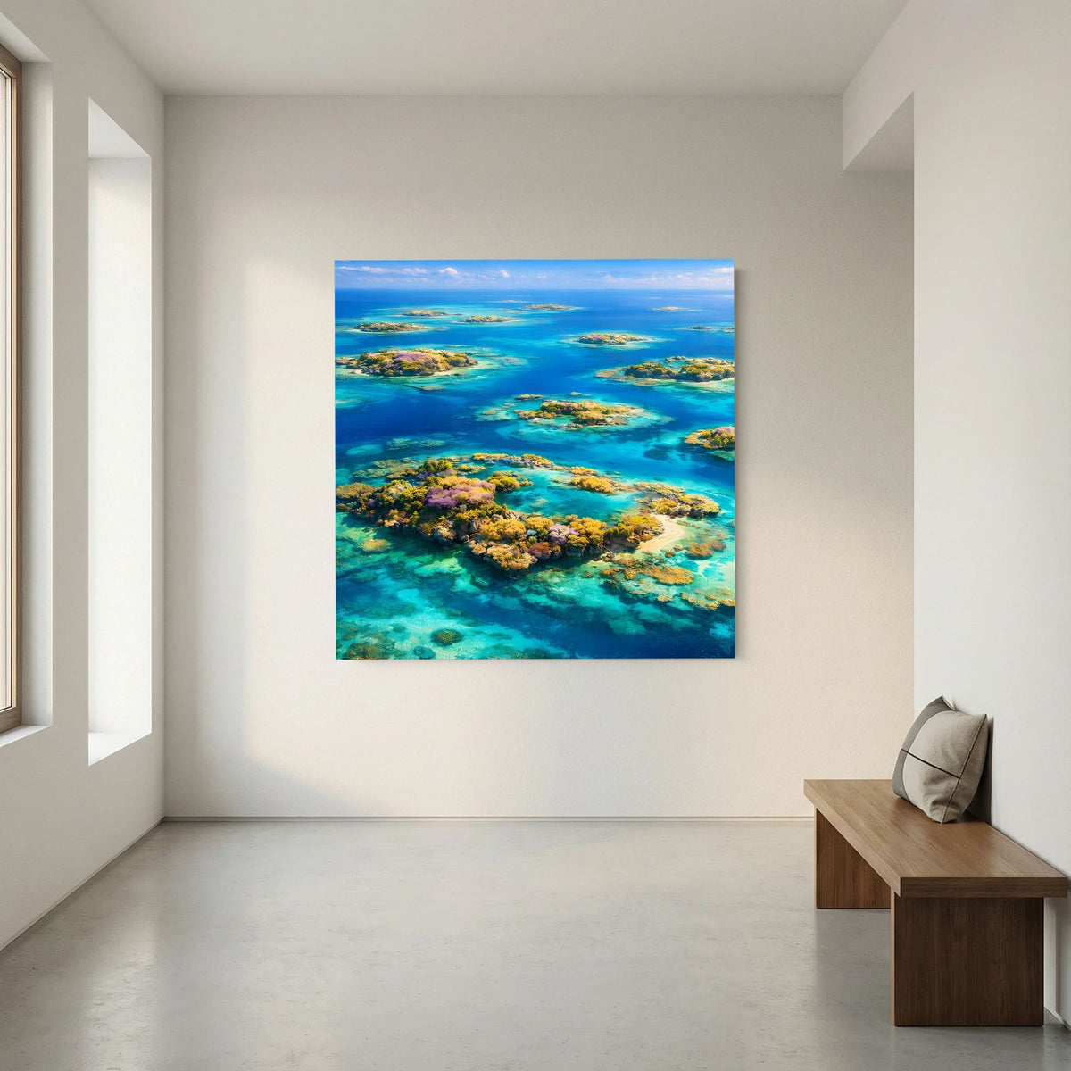 Wandbild mit tropischem Atoll auf Holzkeilrahmen, Blick auf türkisblaues Wasser und Koralleninseln