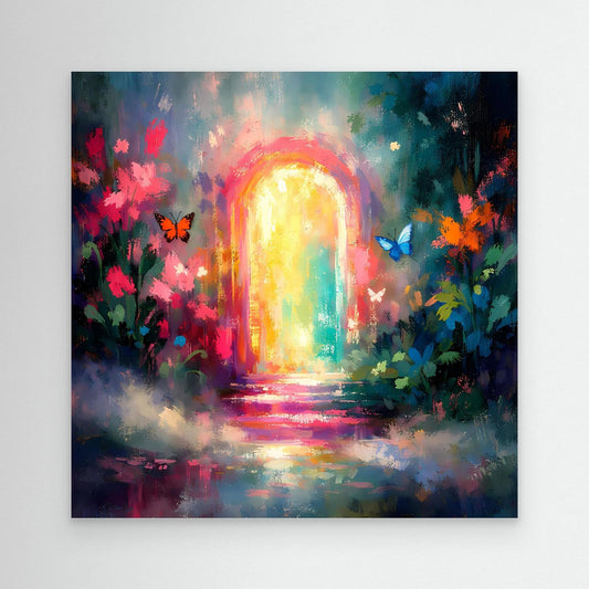 Abstraktes Wandbild: leuchtendes Tor mit Regenbogenlicht, Blumen und Schmetterlingen