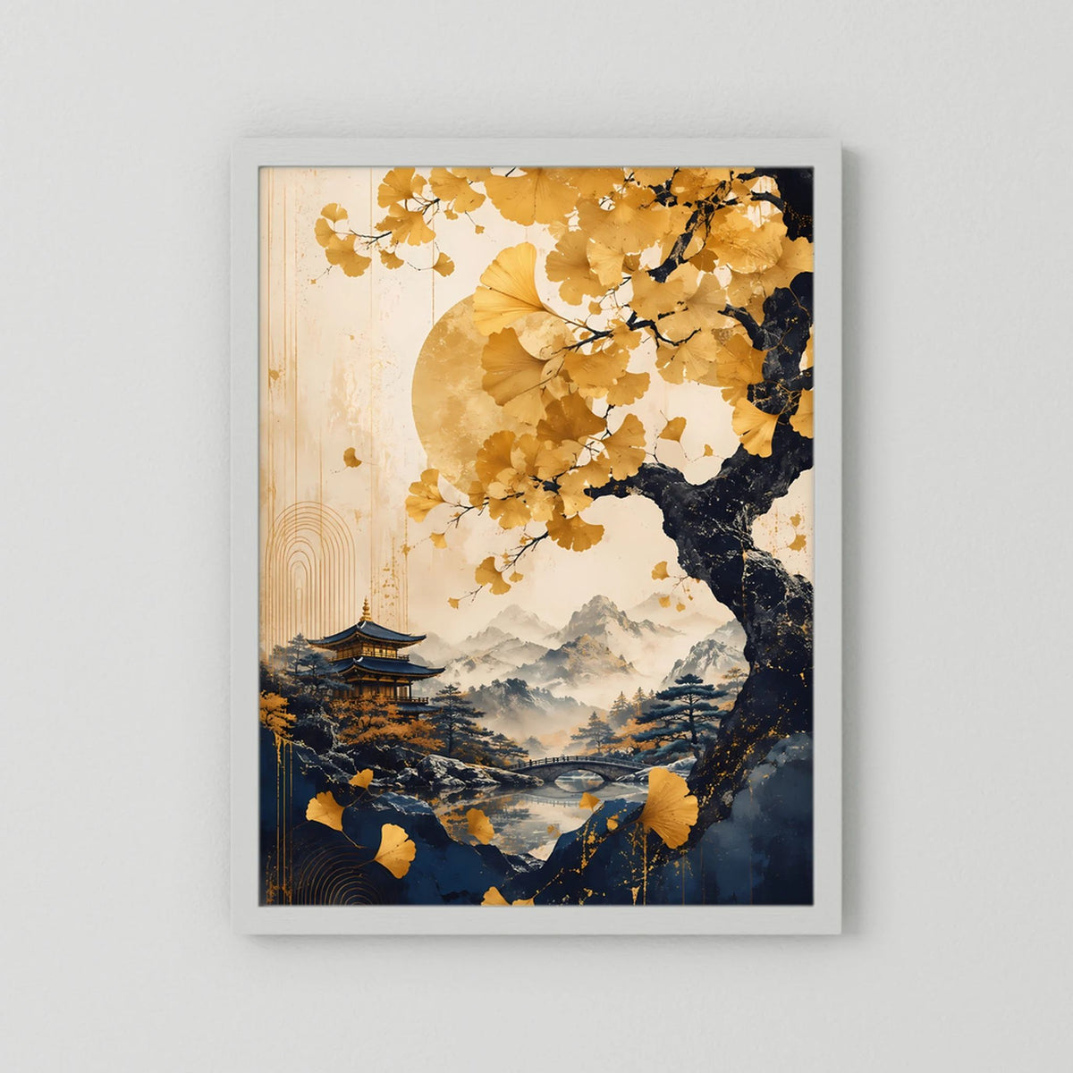 Poster im Hochformat mit goldenen Ginkgoblättern, Pagode und Mond über Berglandschaft, weißer Rahmen