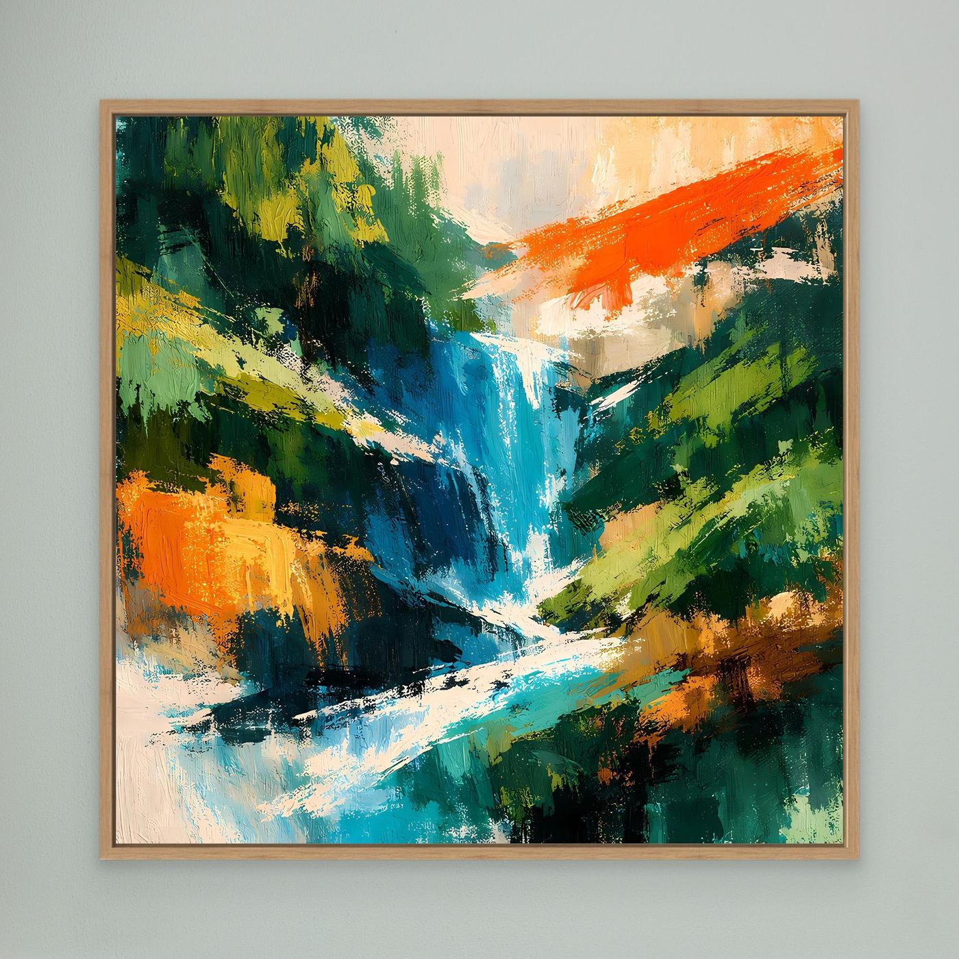 Abstraktes Leinwand-Wandbild mit türkisem Wasserfall, im hellen Holzrahmen