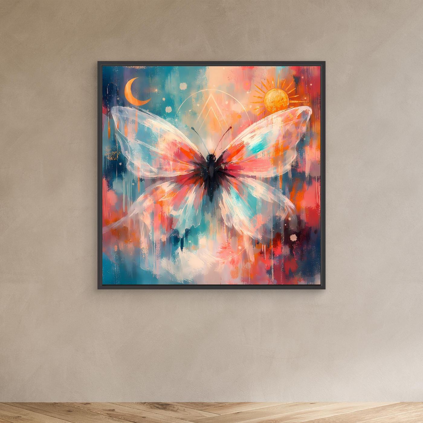 Leinwandbild mit Schmetterling, Sonne und Mond, im schwarzen Rahmen