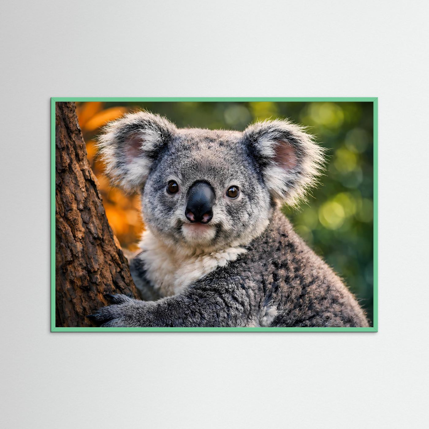 Gerahmtes Tierposter mit sitzendem Koala auf Baumstamm, grüner Rahmen