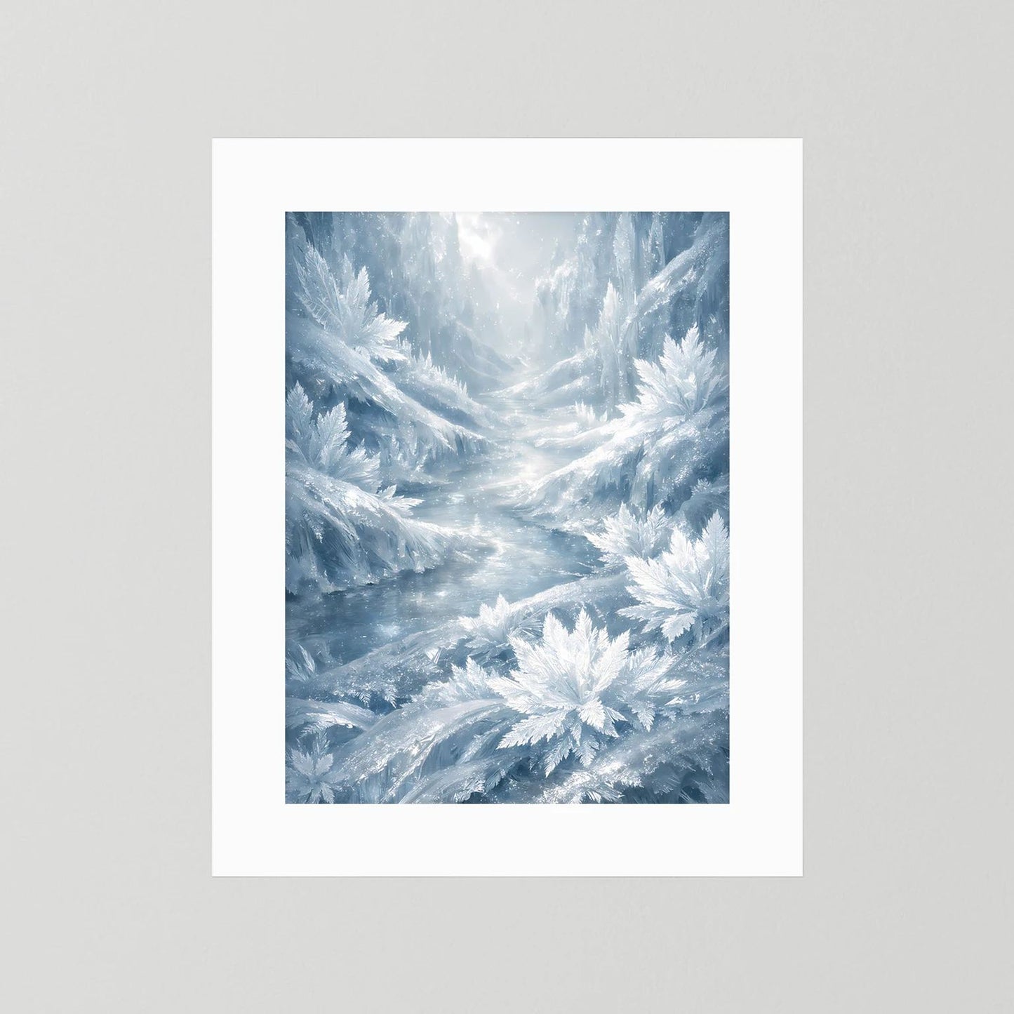 Winterlandschafts-Poster mit eisblauen Eiskristallen, ohne Rahmen, nur weißer Rand