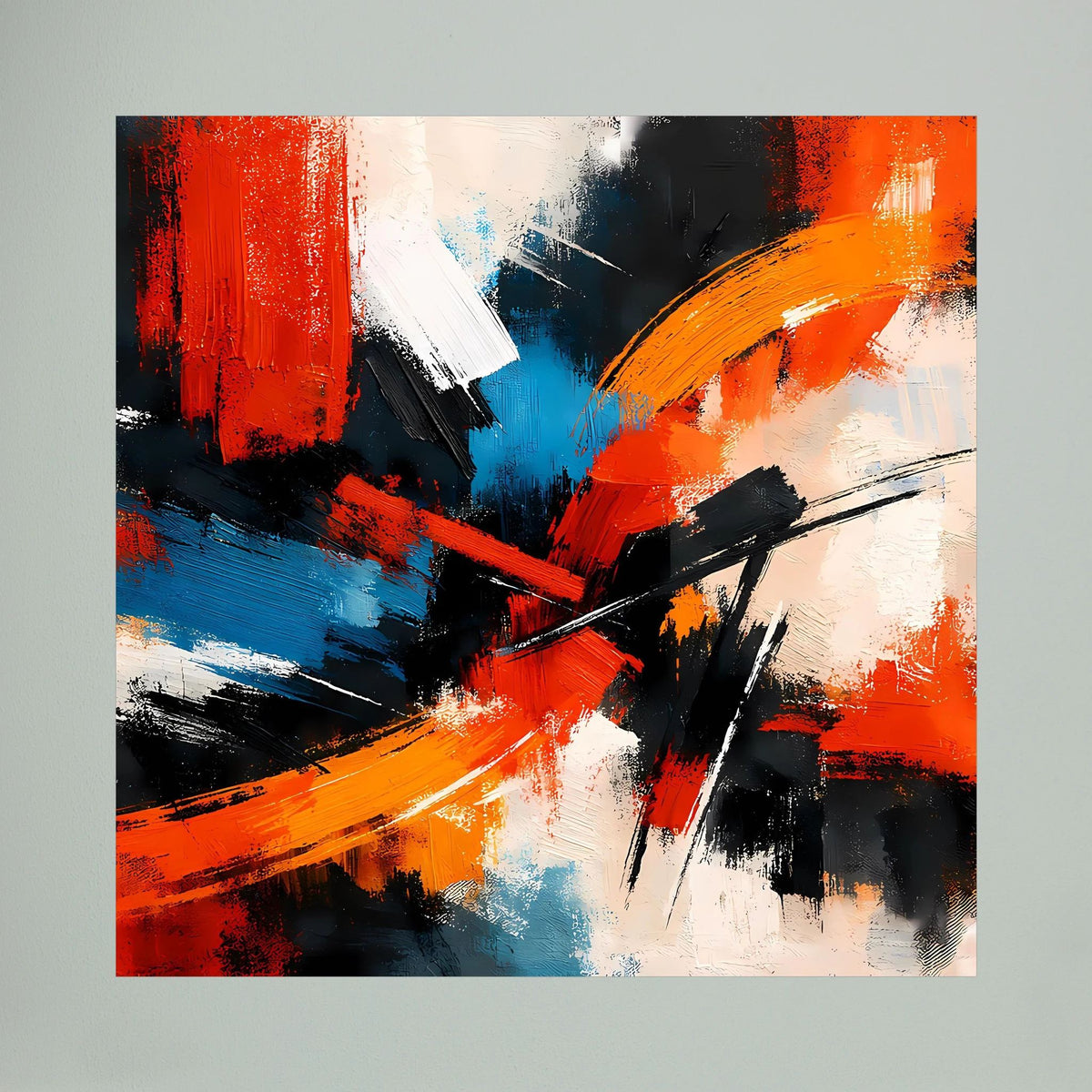 Abstraktes Leinwandbild Close-up mit roten, blauen, schwarzen und orangefarbenen Pinselstrichen