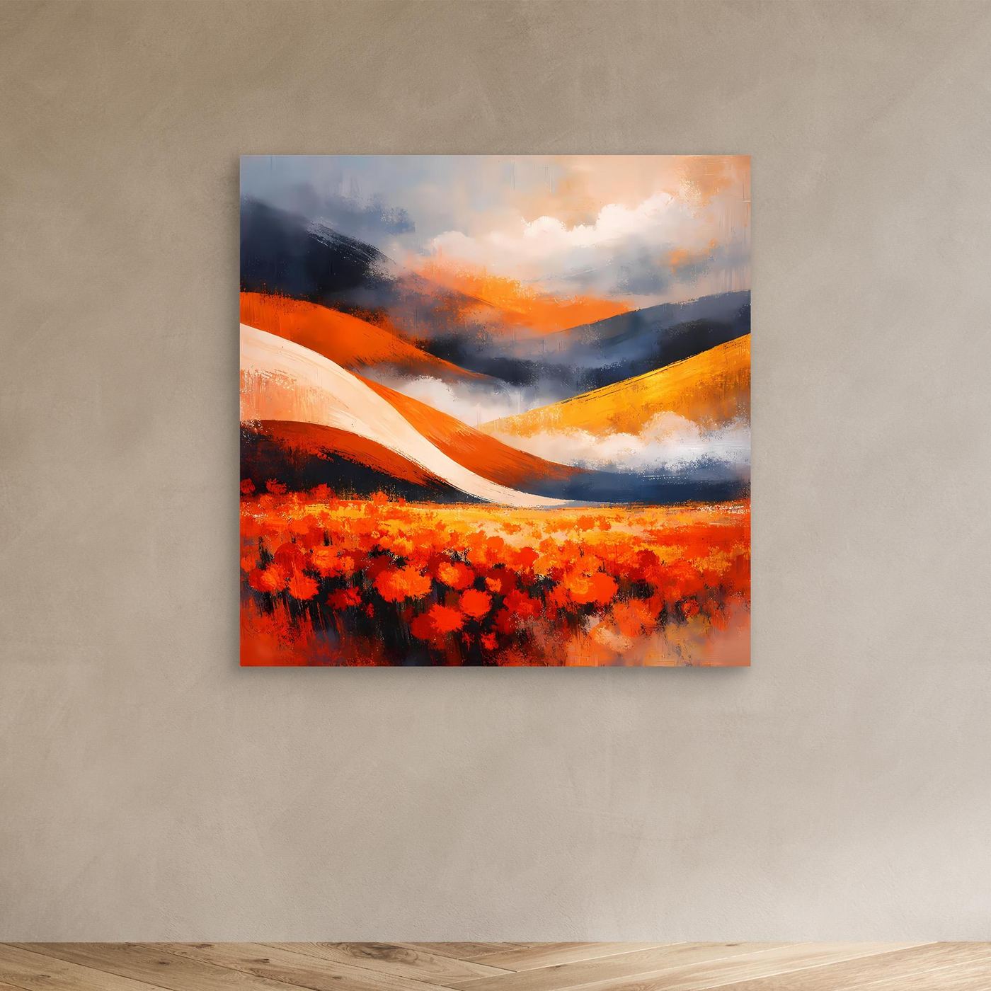 Abstraktes Leinwandbild mit rotem Mohnblumenfeld, weißen und orangefarbenen Hügelbögen, Wolkenhimmel.