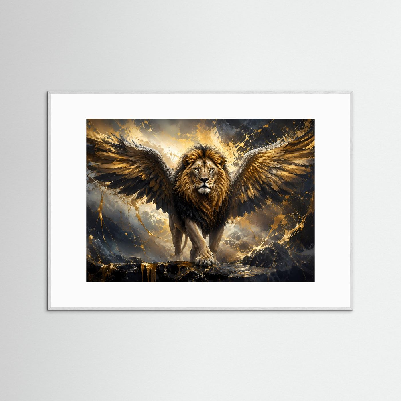 Geflügelter Löwe in Schwarz & Gold | Majestätische Fantasy Löwen Kunst