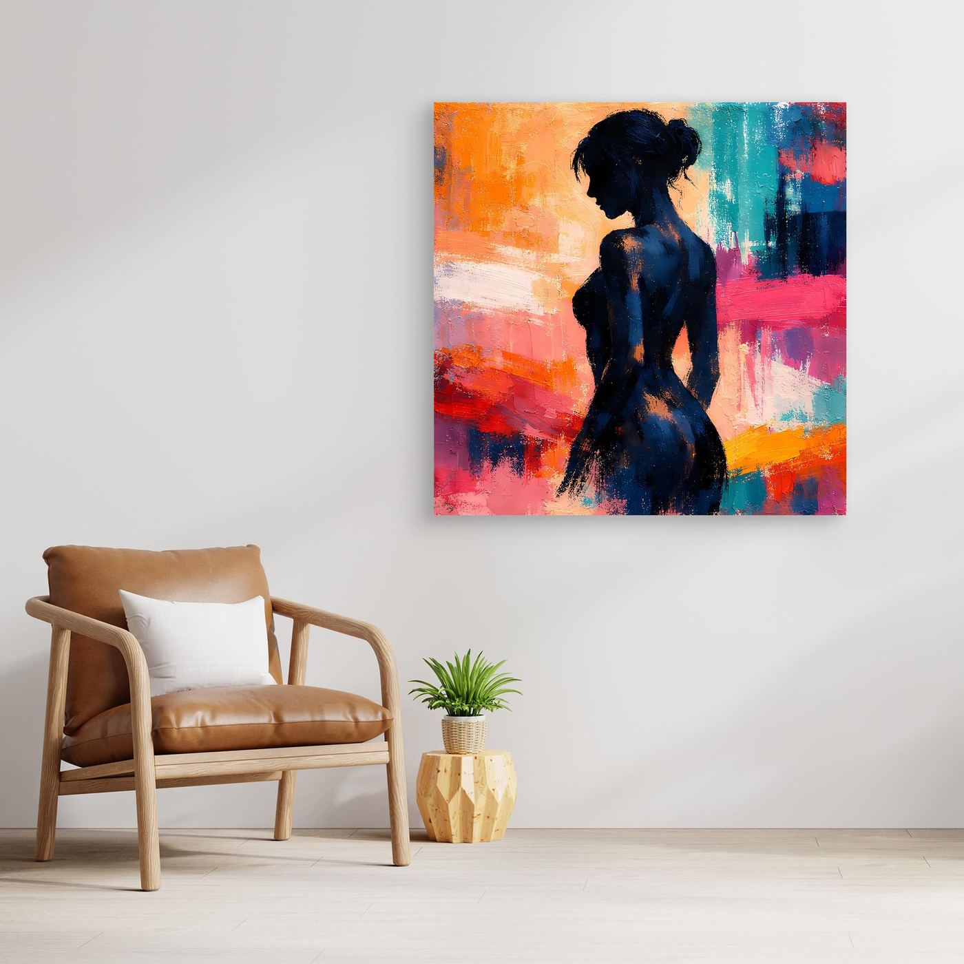 Gerahmtes Leinwand-Wandbild mit Frauensilhouette im Profil, abstrakt in Blau, Orange und Pink.