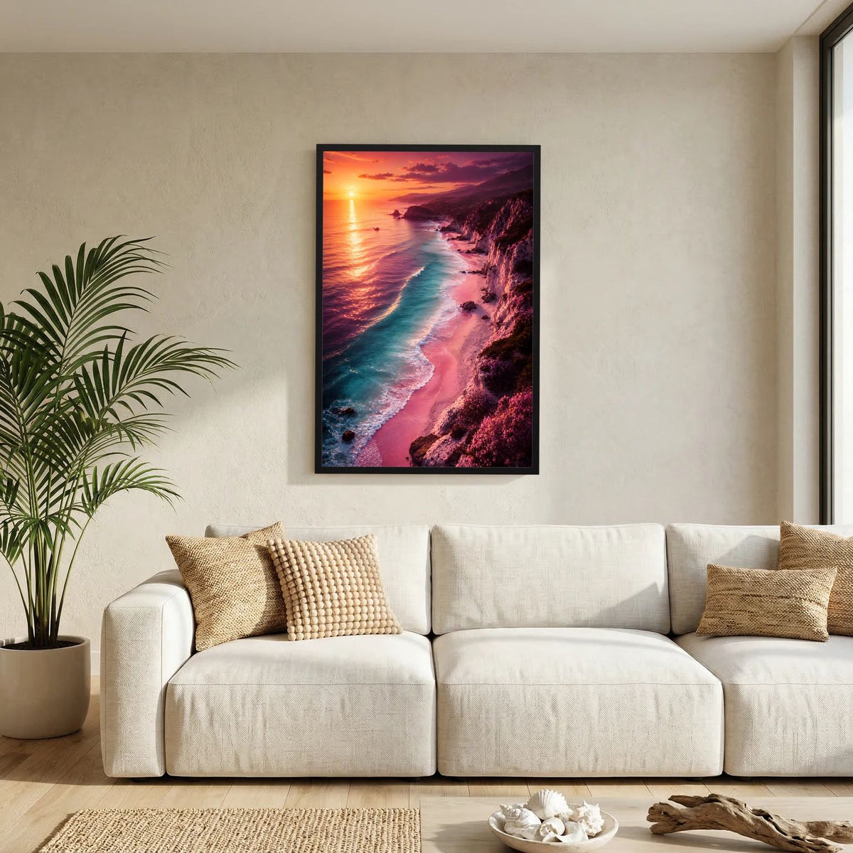 Hochformat-Poster Sonnenuntergangsküste mit blauem Meer und Strand, schwarzer Rahmen