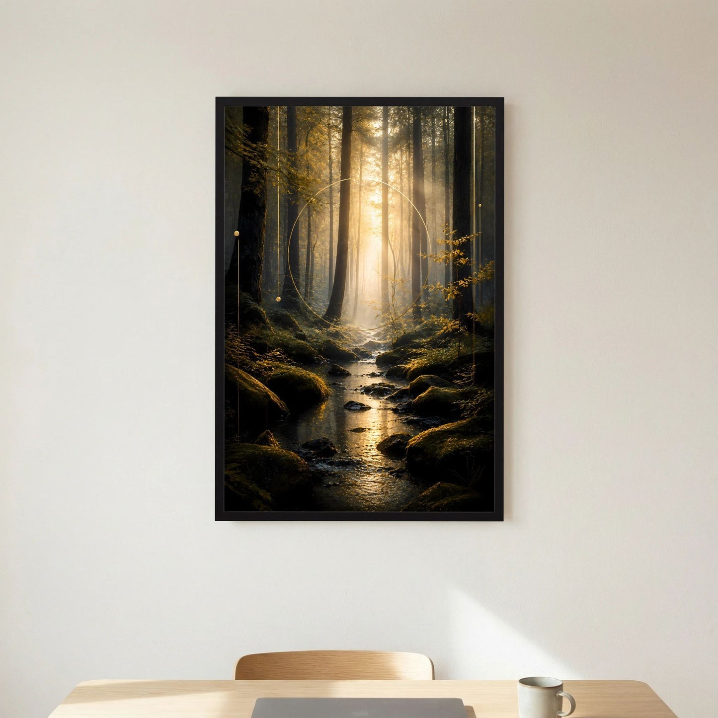 Hochformat-Poster im schwarzen Rahmen, Bach im Wald mit goldenen Lichtkegeln