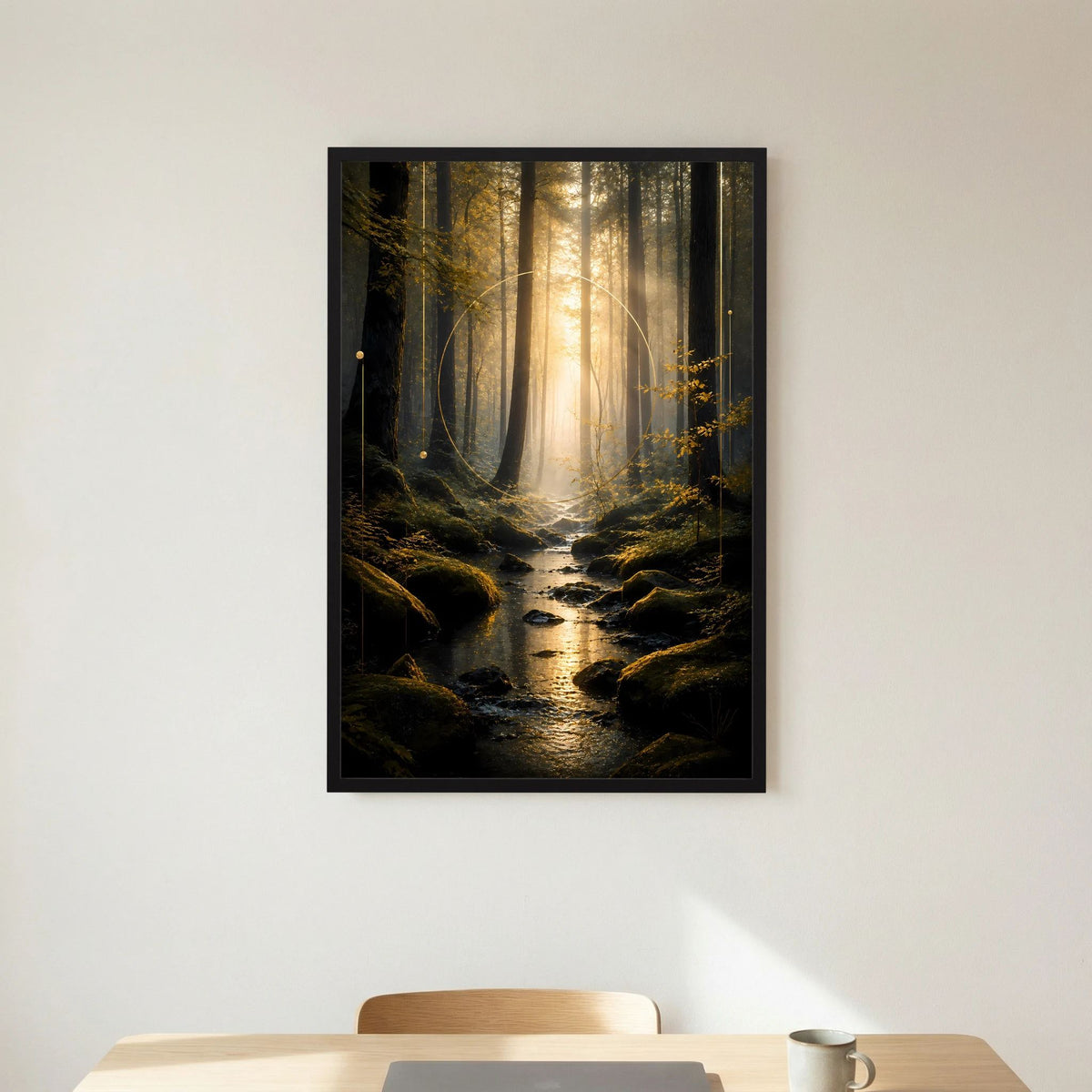 Hochformat-Poster im schwarzen Rahmen, Bach im Wald mit goldenen Lichtkegeln