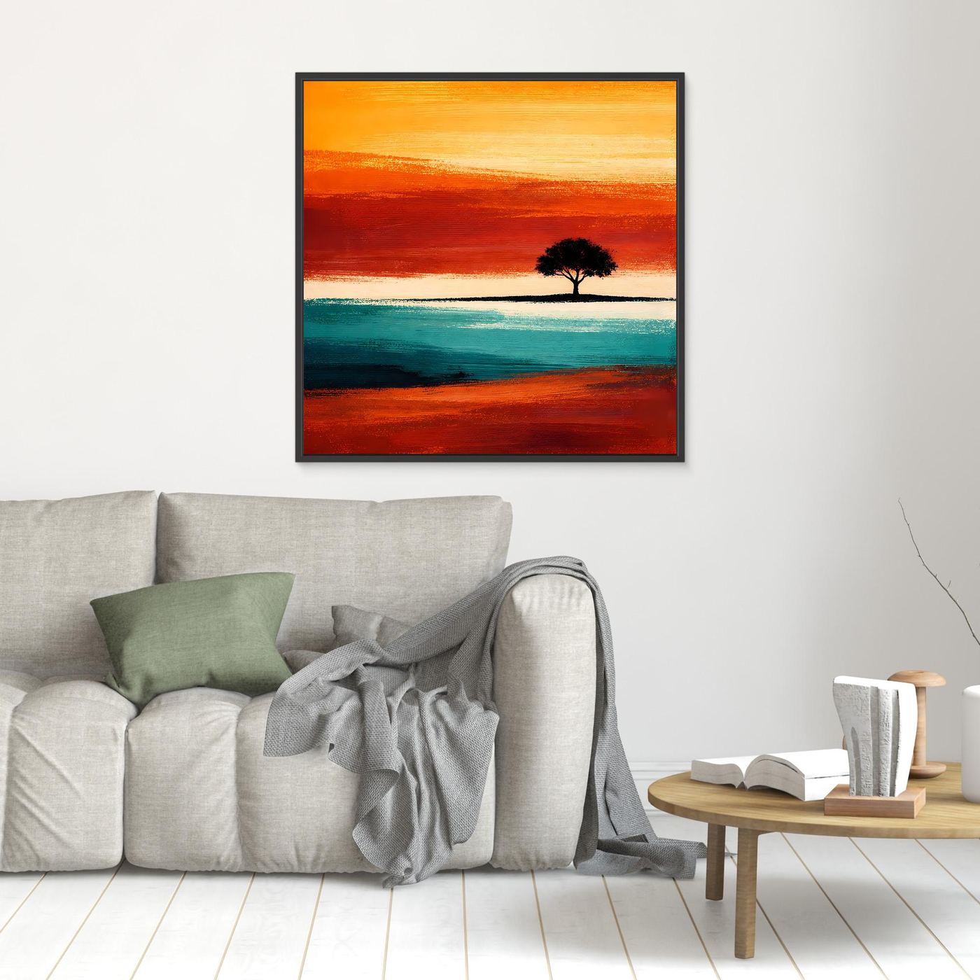 Leinwandbild mit abstraktem Baum am Horizont, türkis- und orangefarbene Landschaft, schwarz gerahmt