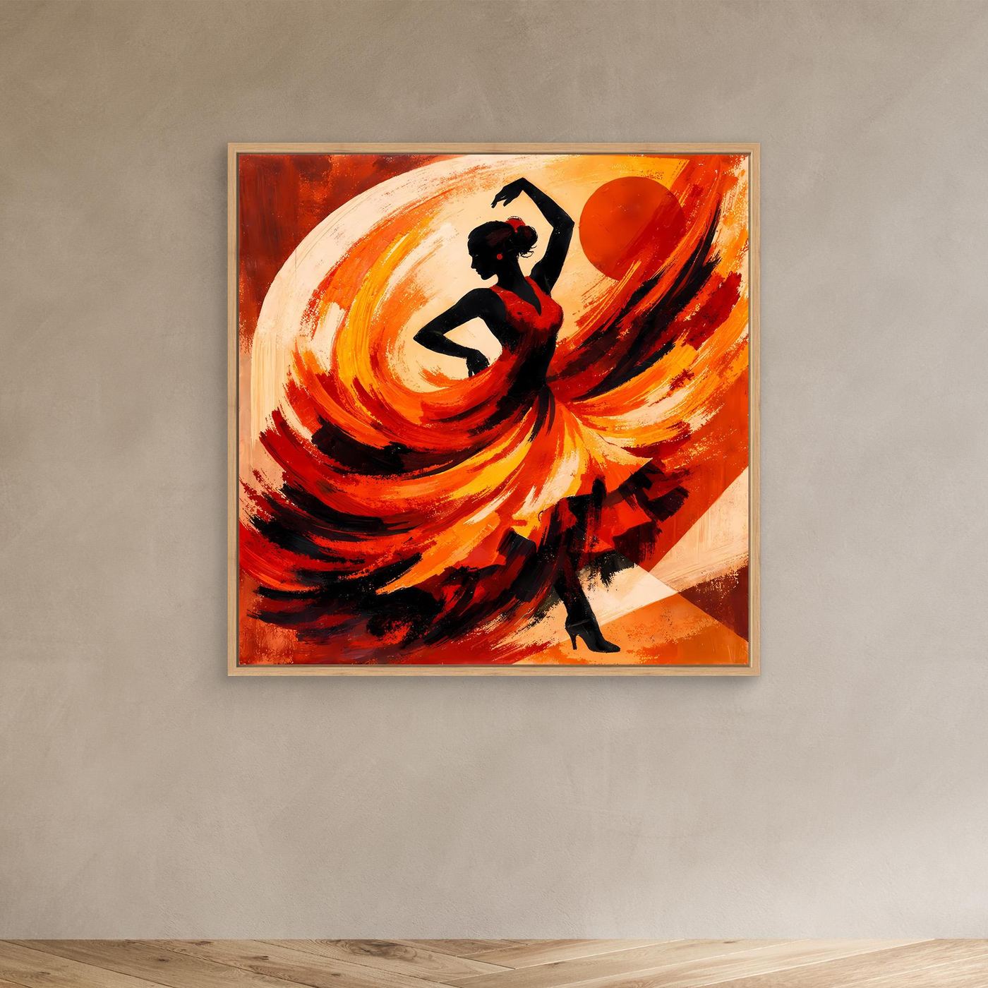 Leinwandbild der Flamencotänzerin in Schwarz, rot-orange Wirbel und schwarze Silhouette
