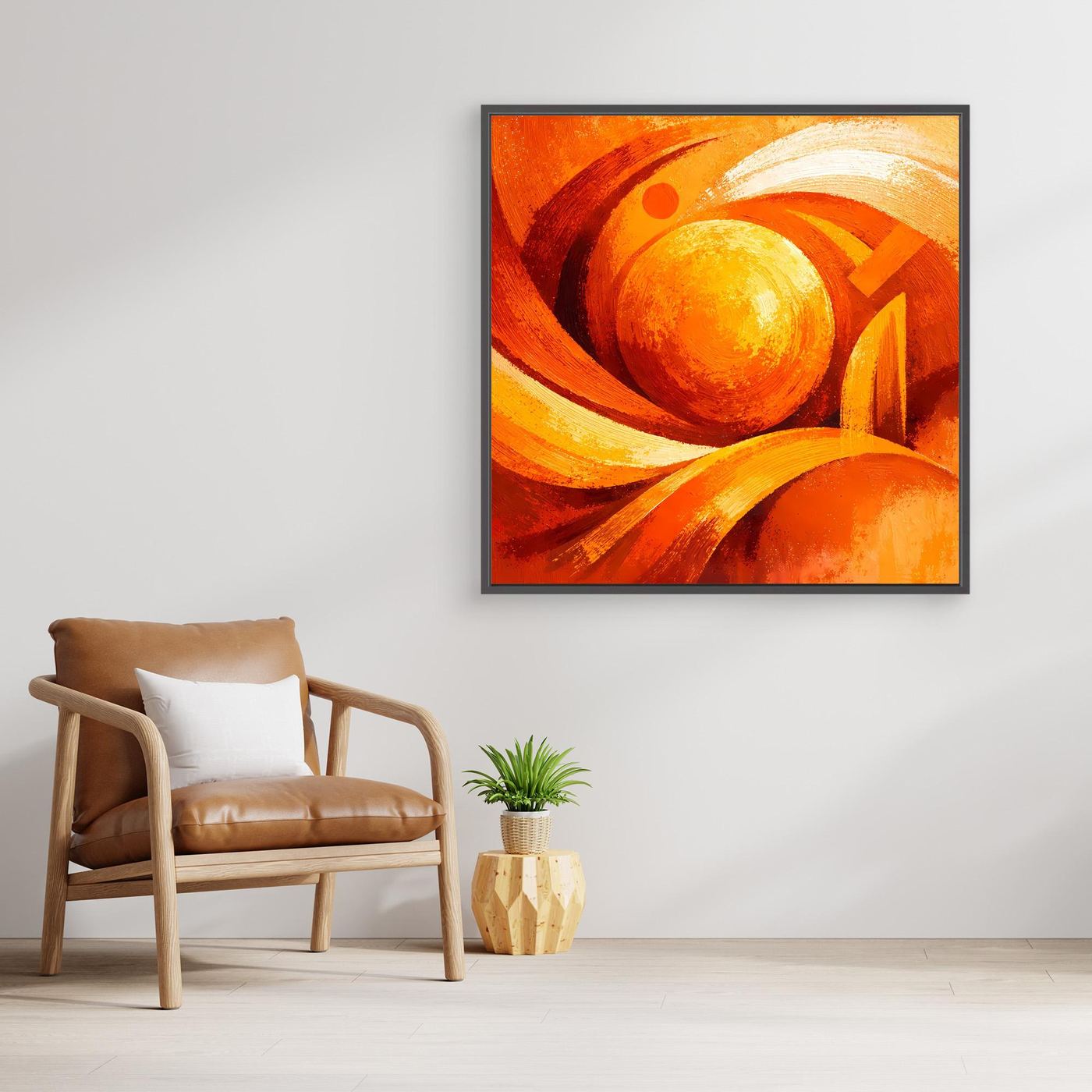 Quadratisches abstraktes Wandbild mit orangefarbener Kugel und gelben Akzenten, brauner Holzrahmen