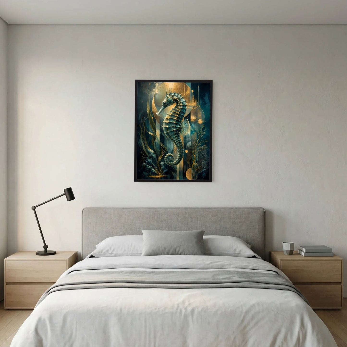 Gerahmtes Poster mit Seepferdchen-Abstraktbild in Petrol und Gold, schwarze Einfassung.
