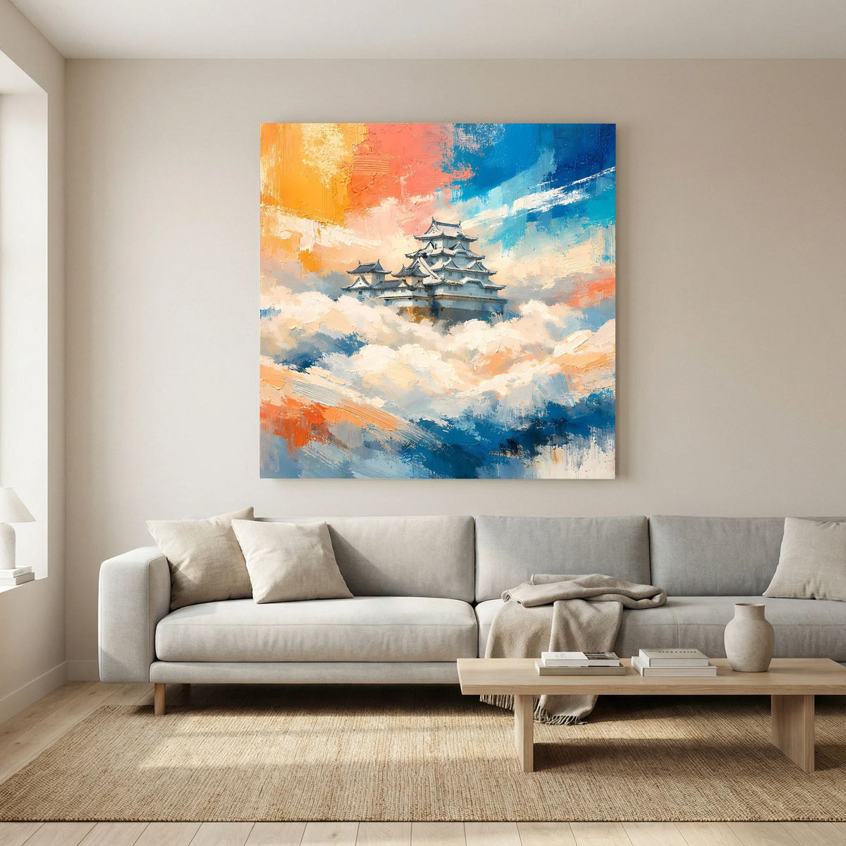 Quadratisches Leinwand-Wandbild mit japanischer Burg über Wolken und Himmel