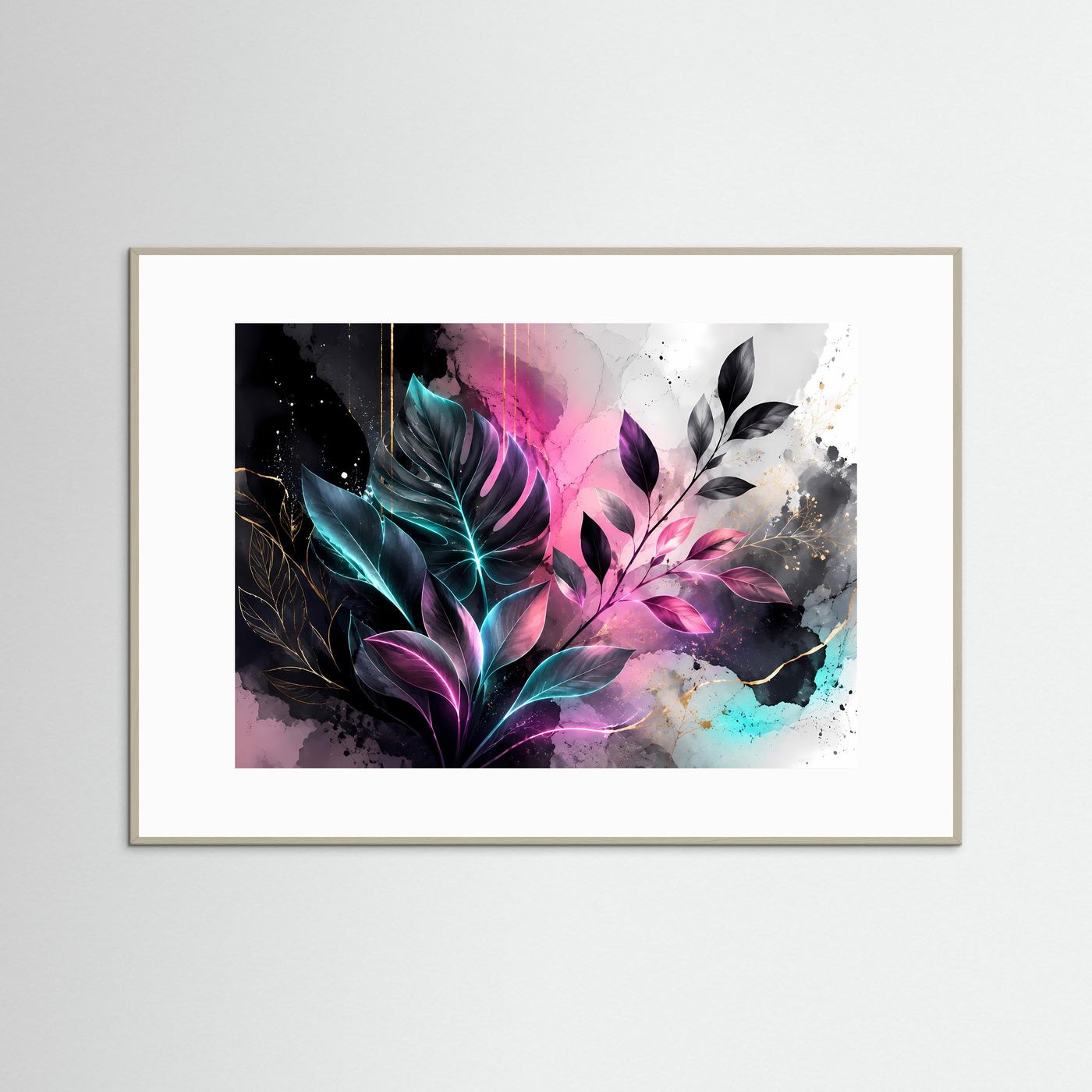 Botanische Neon Wandkunst | Monstera Blätter Poster | Abstrakte Pflanzen Kunst | Modernes Leinwandbild | Schwarz Pink Türkis Wall Art