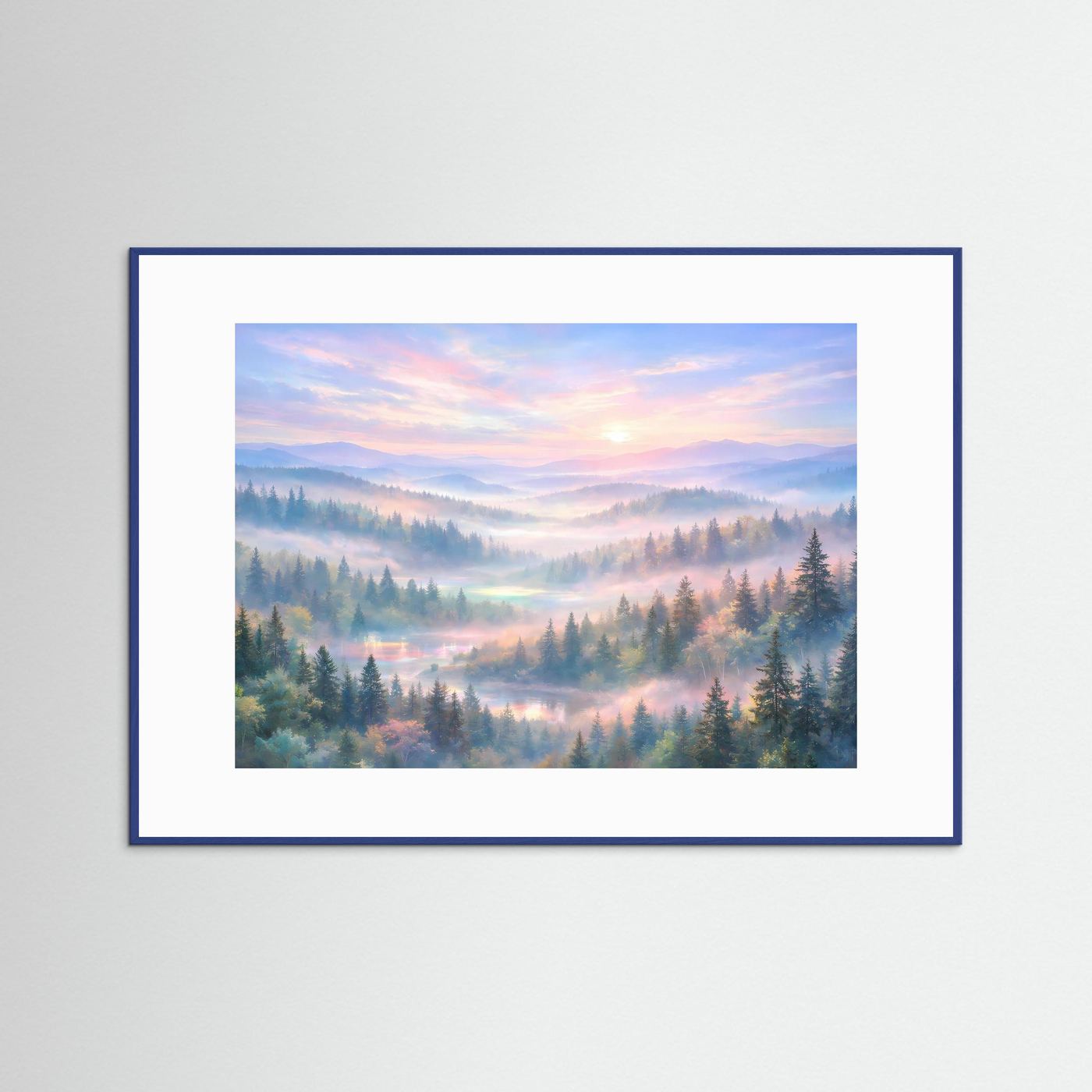Waldlandschaft-Wandbild mit blauem Rahmen und weißem Rand